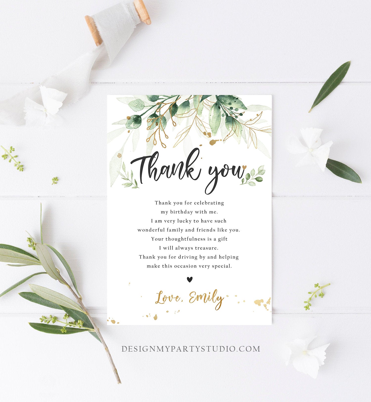 Editable Gold Leaves Baby Shower Thank You Card Drive By Through Social Distancing Birthday Wedding Floral Greenery Corjl Template 0168