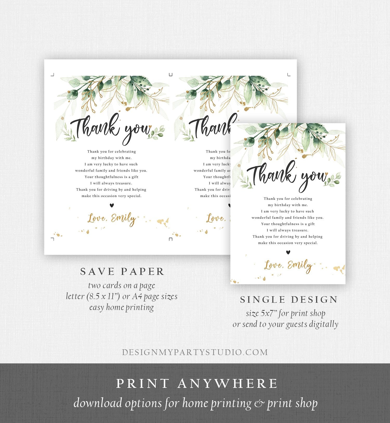 Editable Gold Leaves Baby Shower Thank You Card Drive By Through Social Distancing Birthday Wedding Floral Greenery Corjl Template 0168