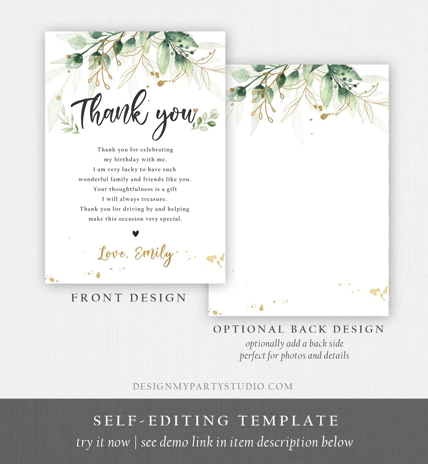 Editable Gold Leaves Baby Shower Thank You Card Drive By Through Social Distancing Birthday Wedding Floral Greenery Corjl Template 0168