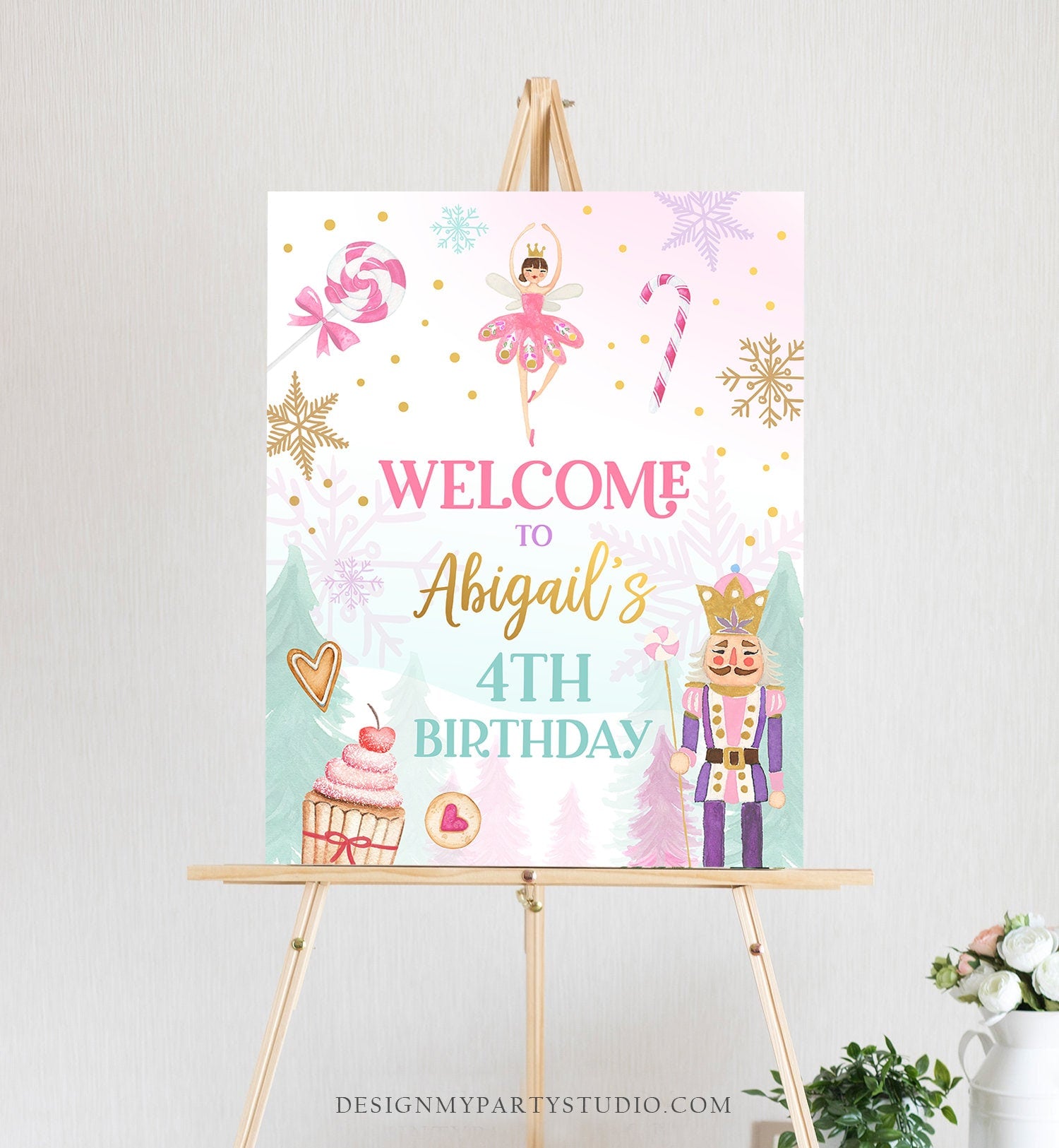 Editable Nutcracker Birthday Welcome Sign Winter Birthday Girl Land of Sweets Party Christmas Holiday Sign Template PRINTABLE Corjl 0352