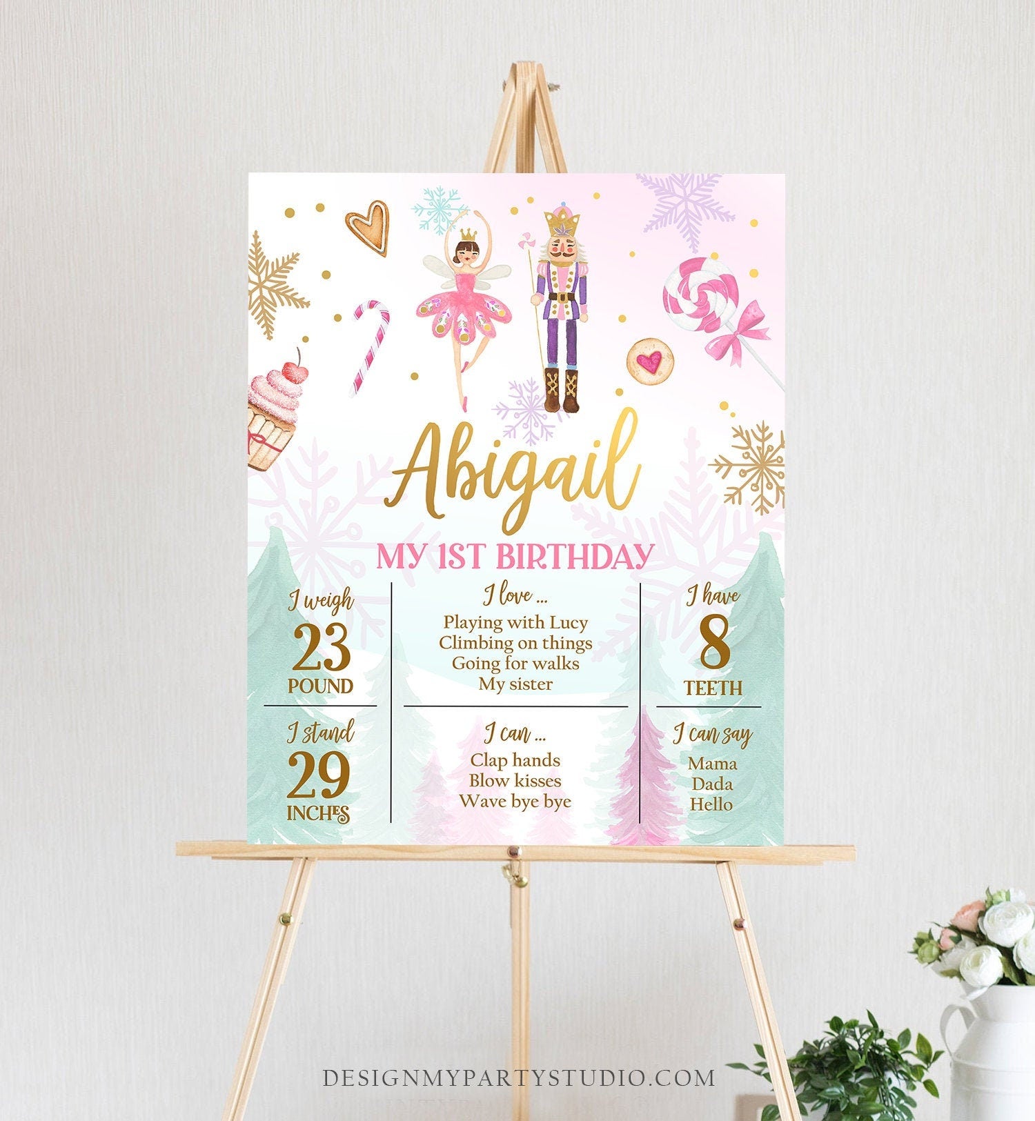 Editable Nutcracker Birthday Milestones Sign Girl First Birthday 1st Birthday Land of Sweets Milestone Board Corjl Template Printable 0352