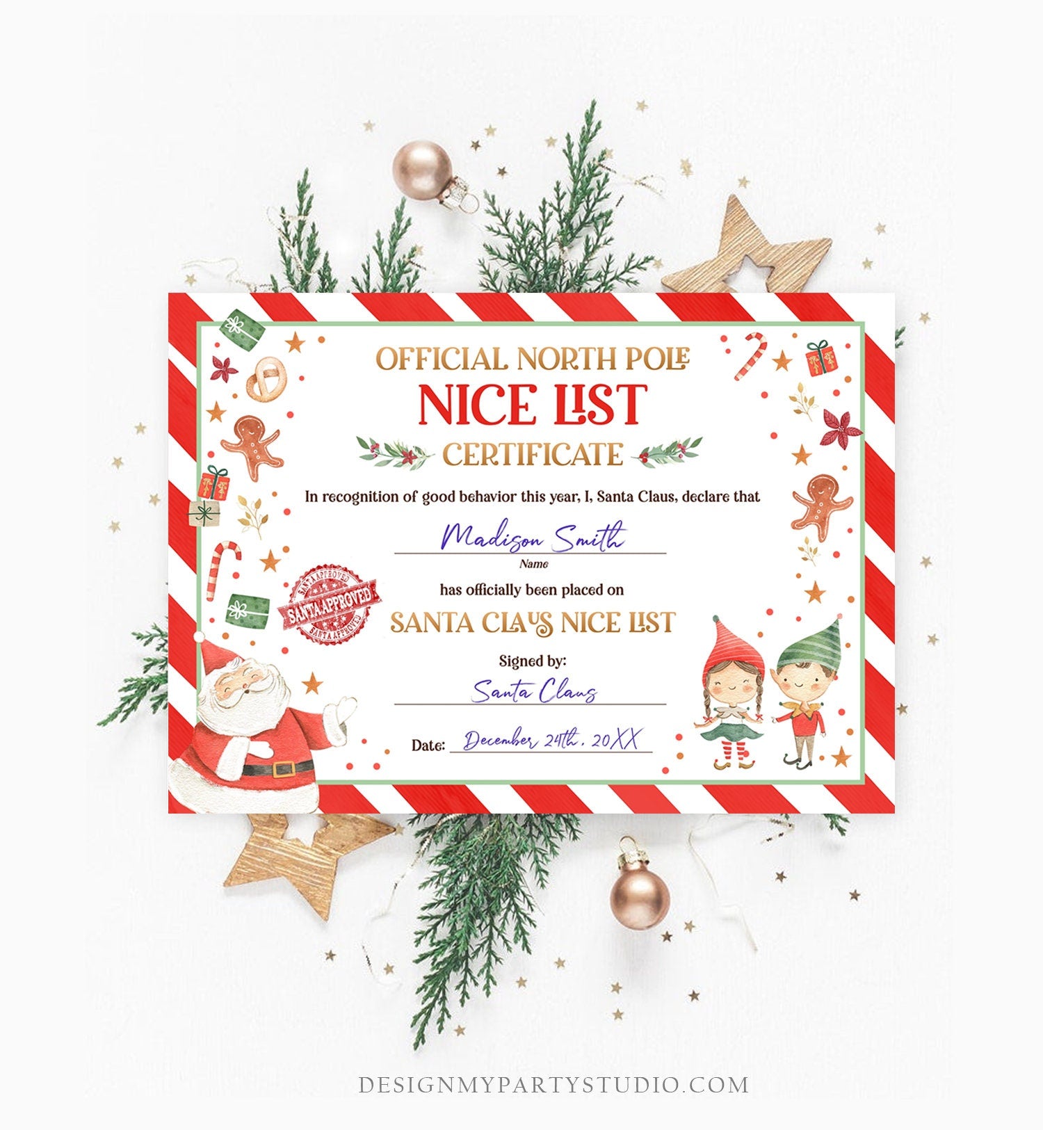 Editable Santa Claus Official Nice List Certificate Letter From Desk Santa Claus Christmas Eve North Pole Corjl Template Printable 0358