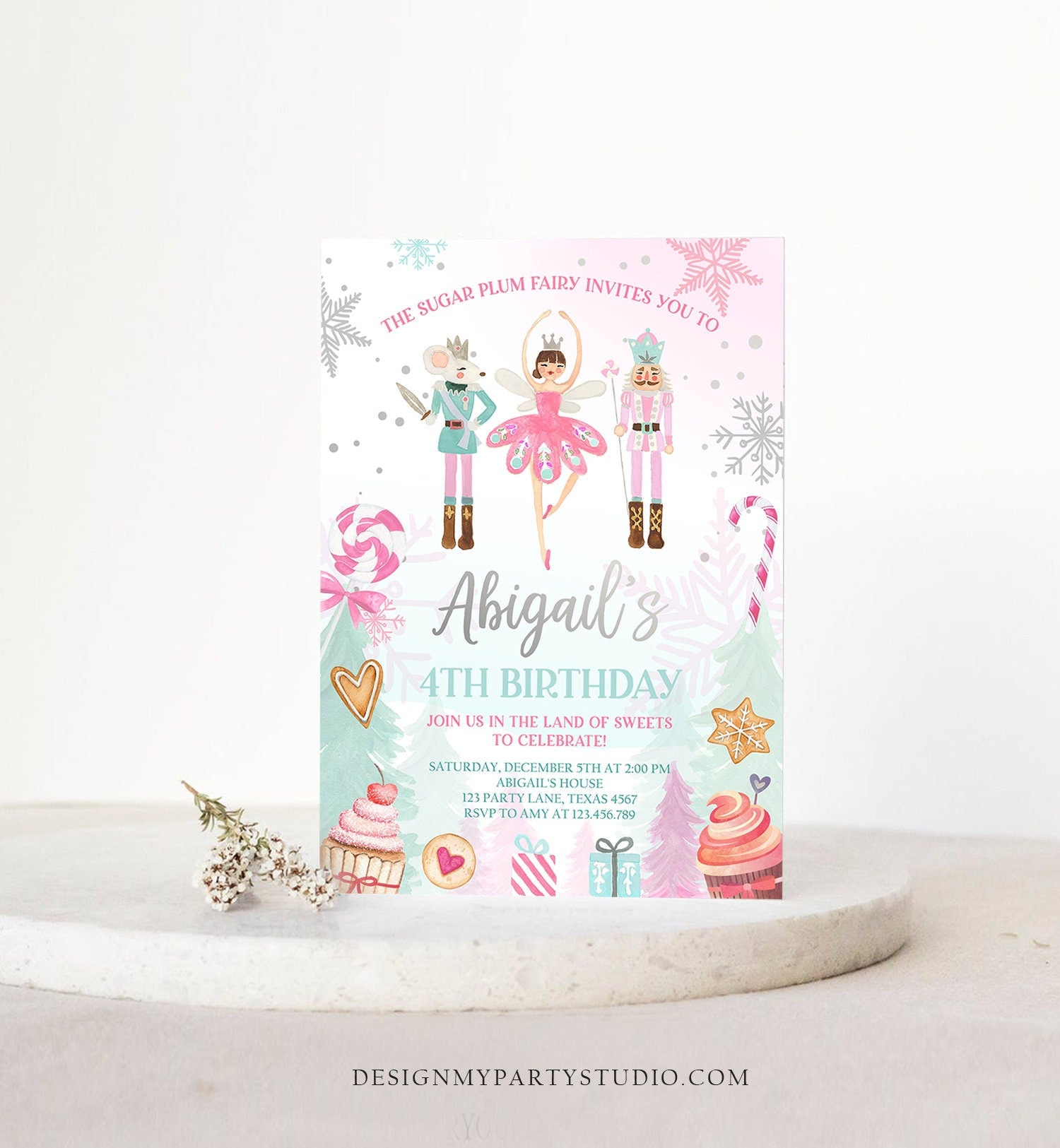 Editable Nutcracker Birthday Invitation Girl Land of Sweets Invite Winter Pink Girl Sugar Plum Fairy Download Printable Template Corjl 0352