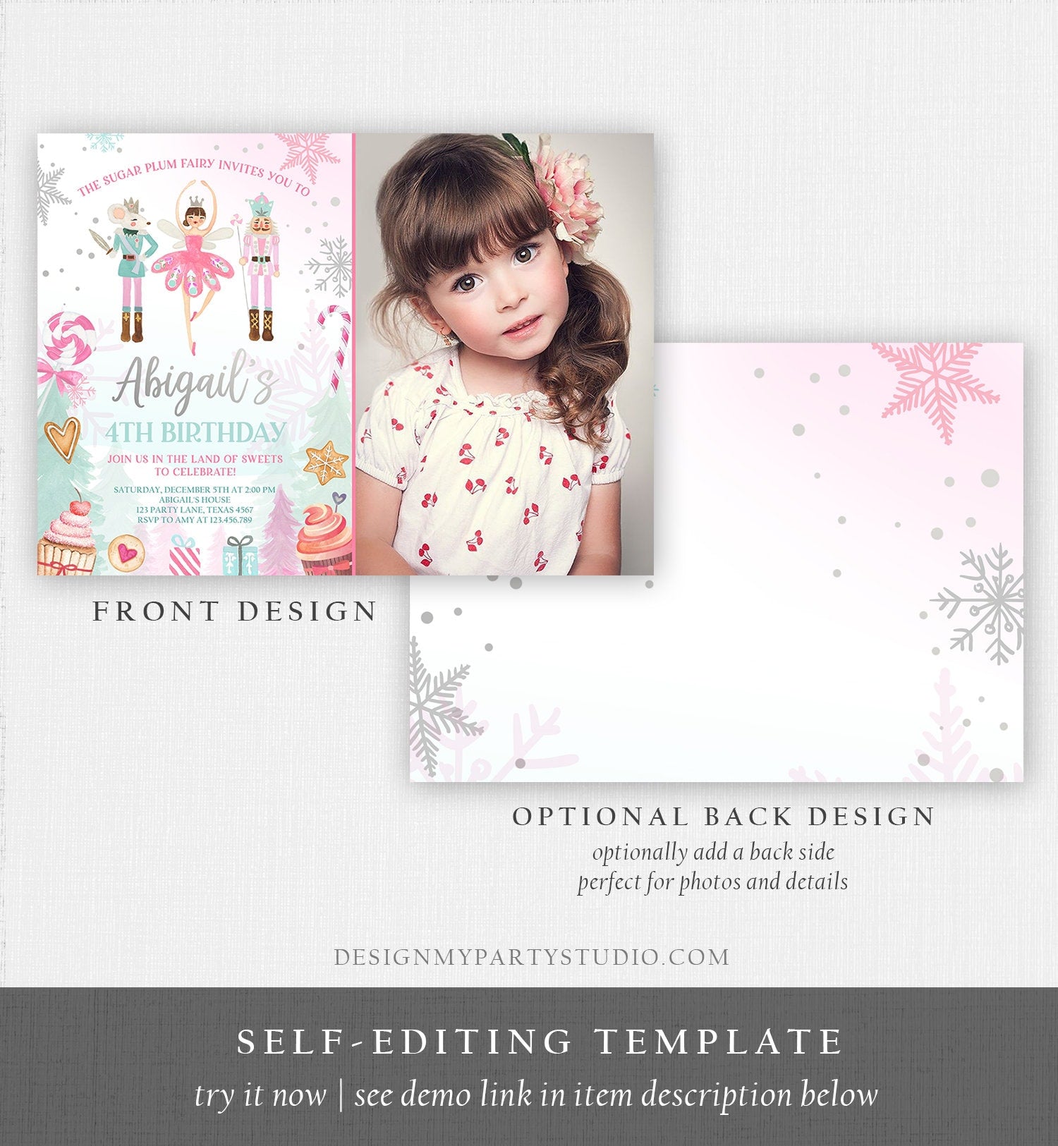 Editable Nutcracker Birthday Invitation Girl Land of Sweets Invite Winter Pink Girl Sugar Plum Fairy Download Printable Template Corjl 0352