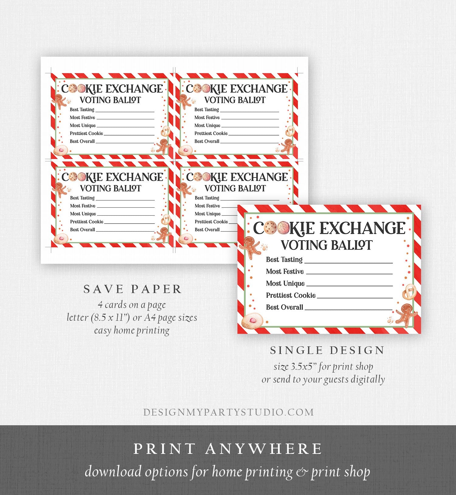 Editable Cookie Exchange Voting Ballots Cookie Vote Cards Christmas Cookie Swap Party Contest Holiday Digital Template Printable 0358