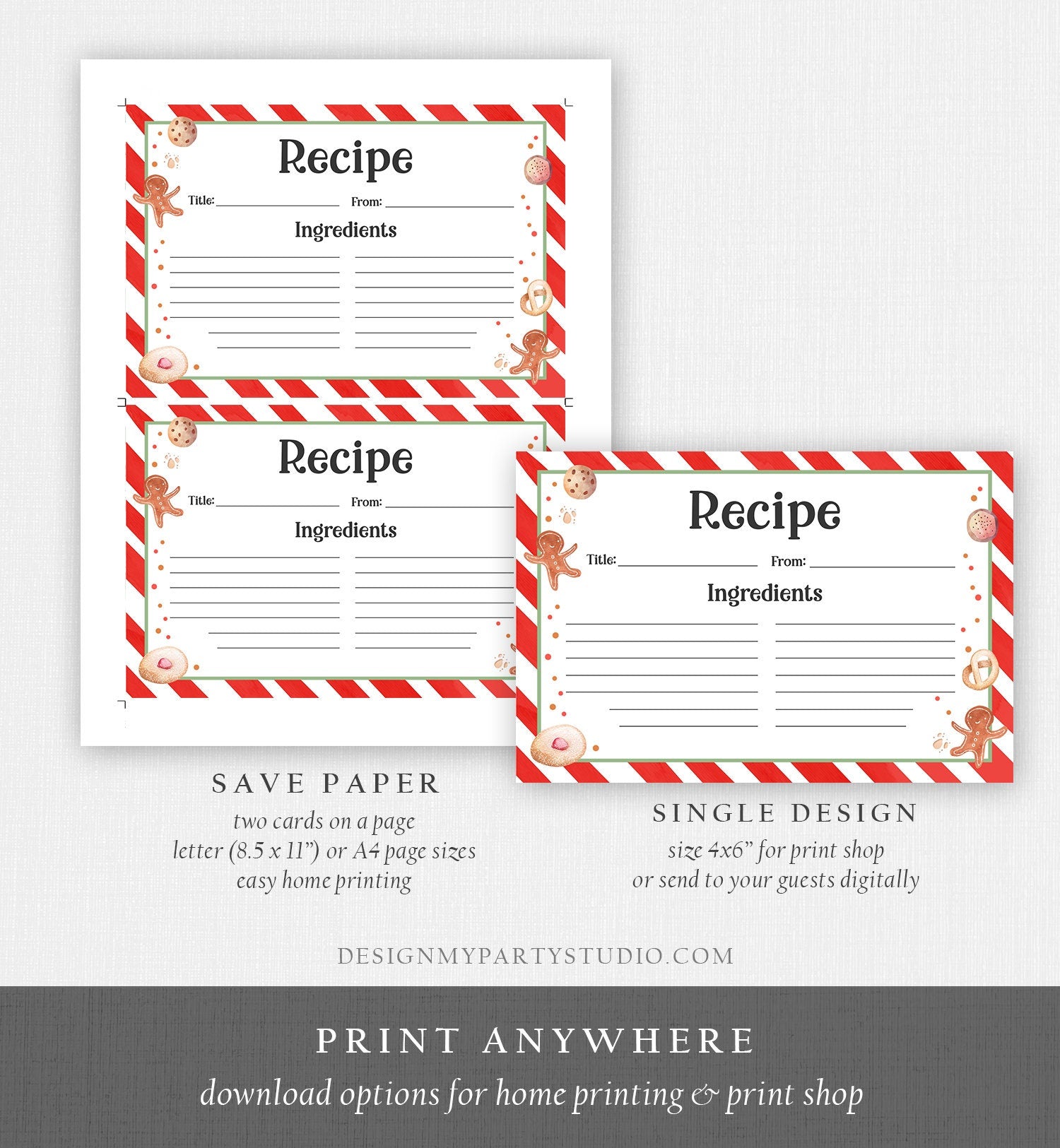 Editable Cookie Recipe Cards Cookie Exchange Christmas Holiday Party Cookies Swap Gingerbread 4x6 5x7 Download Corjl Template Printable 0358