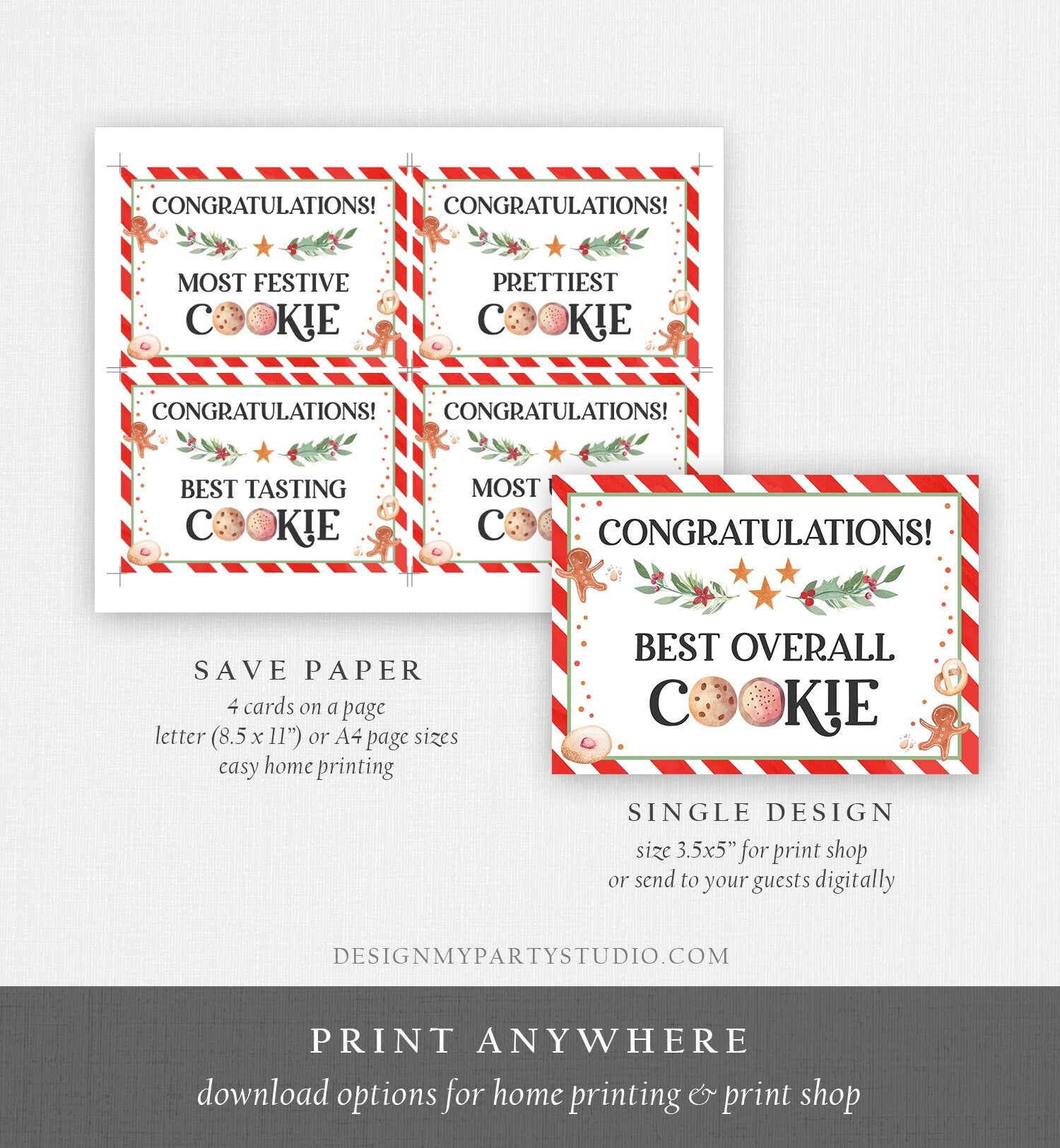 Editable Cookie Award Certificates Voting Awards Cookie Voting Cards Christmas Cookie Exchange Party Holiday Download Corjl Template 0358