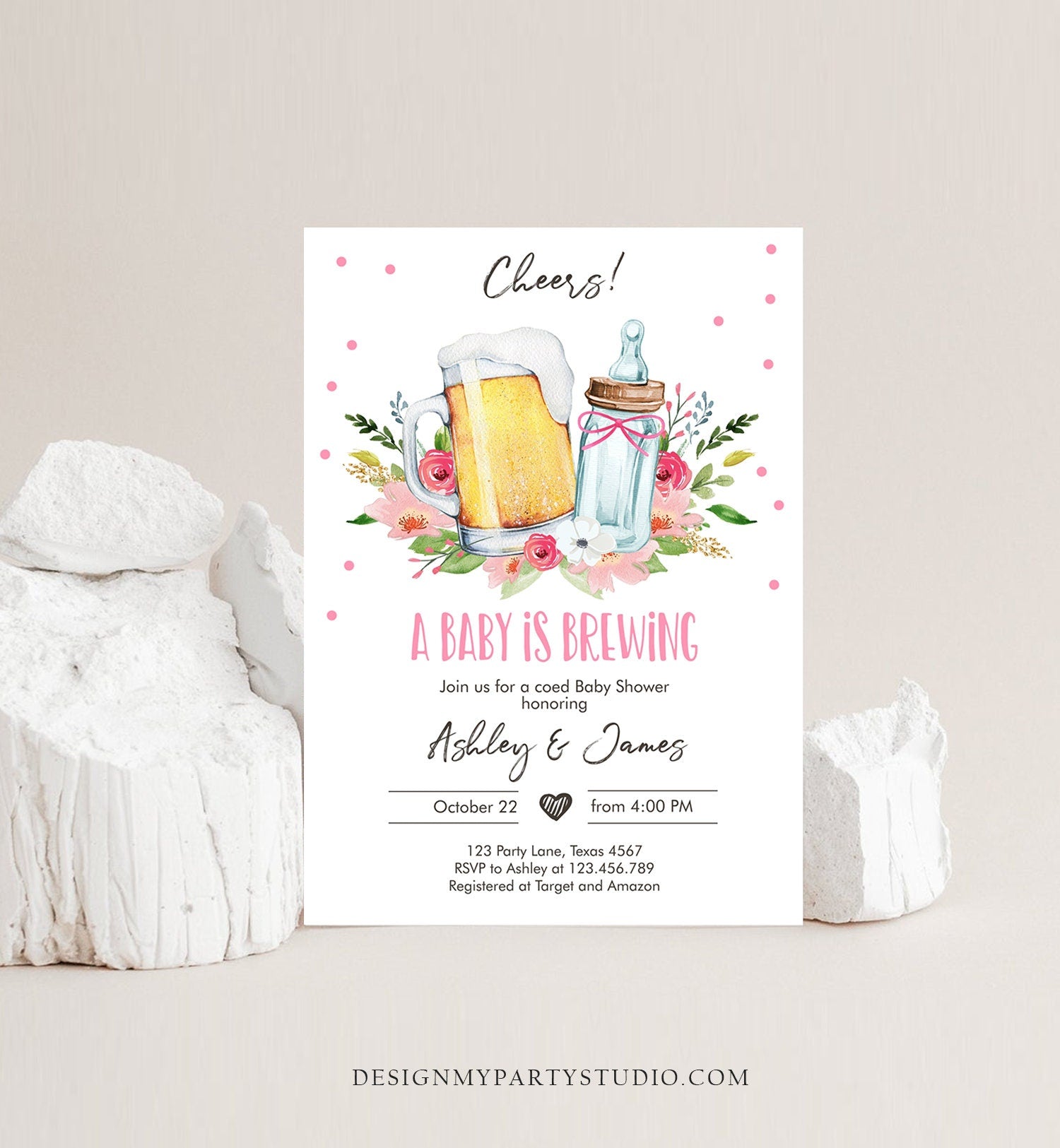 Editable A Baby is Brewing Invitation Bottle and Beers Baby Shower Girl Cheers Coed Couples Shower Download Printable Template Corjl 0190