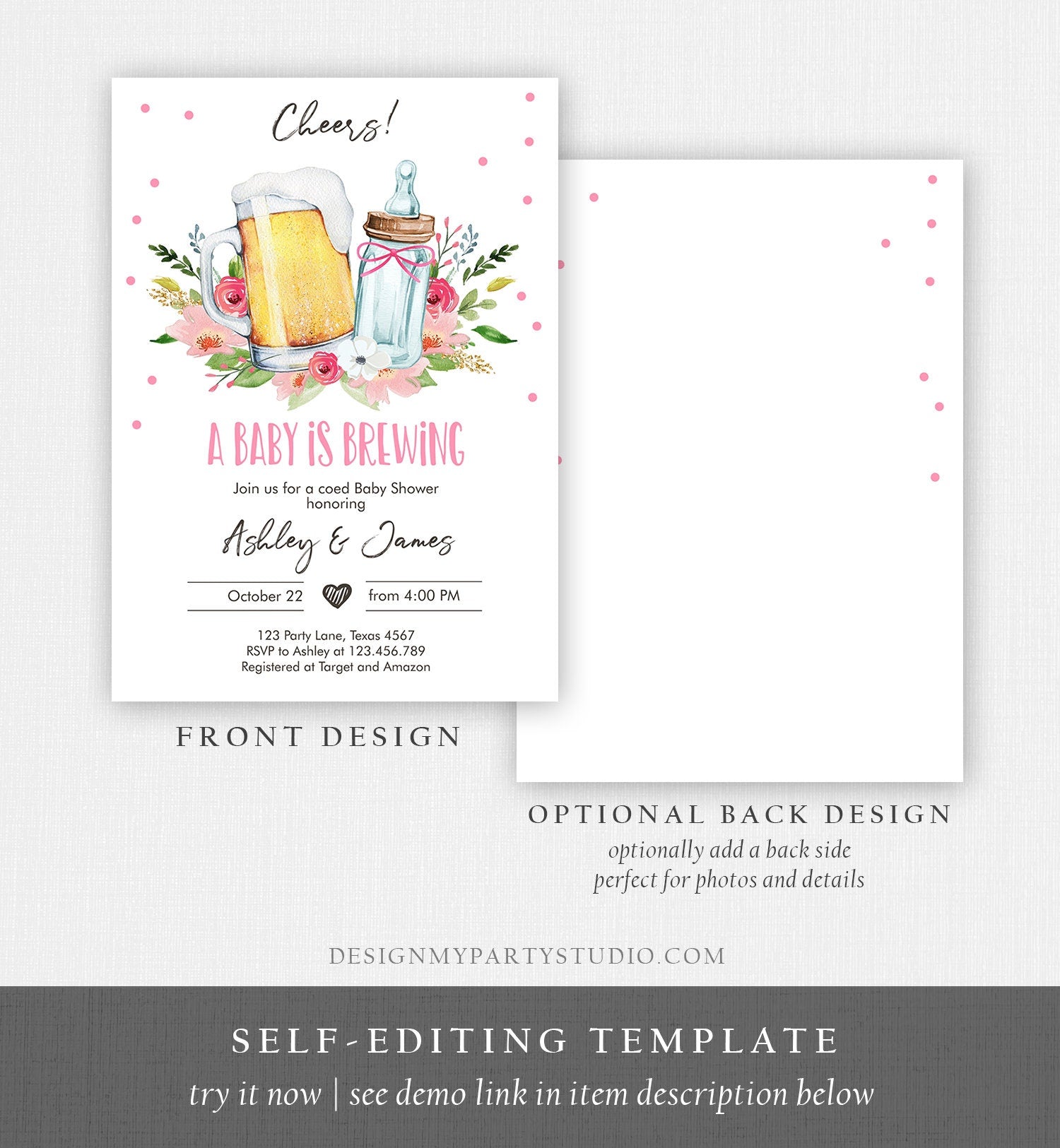 Editable A Baby is Brewing Invitation Bottle and Beers Baby Shower Girl Cheers Coed Couples Shower Download Printable Template Corjl 0190