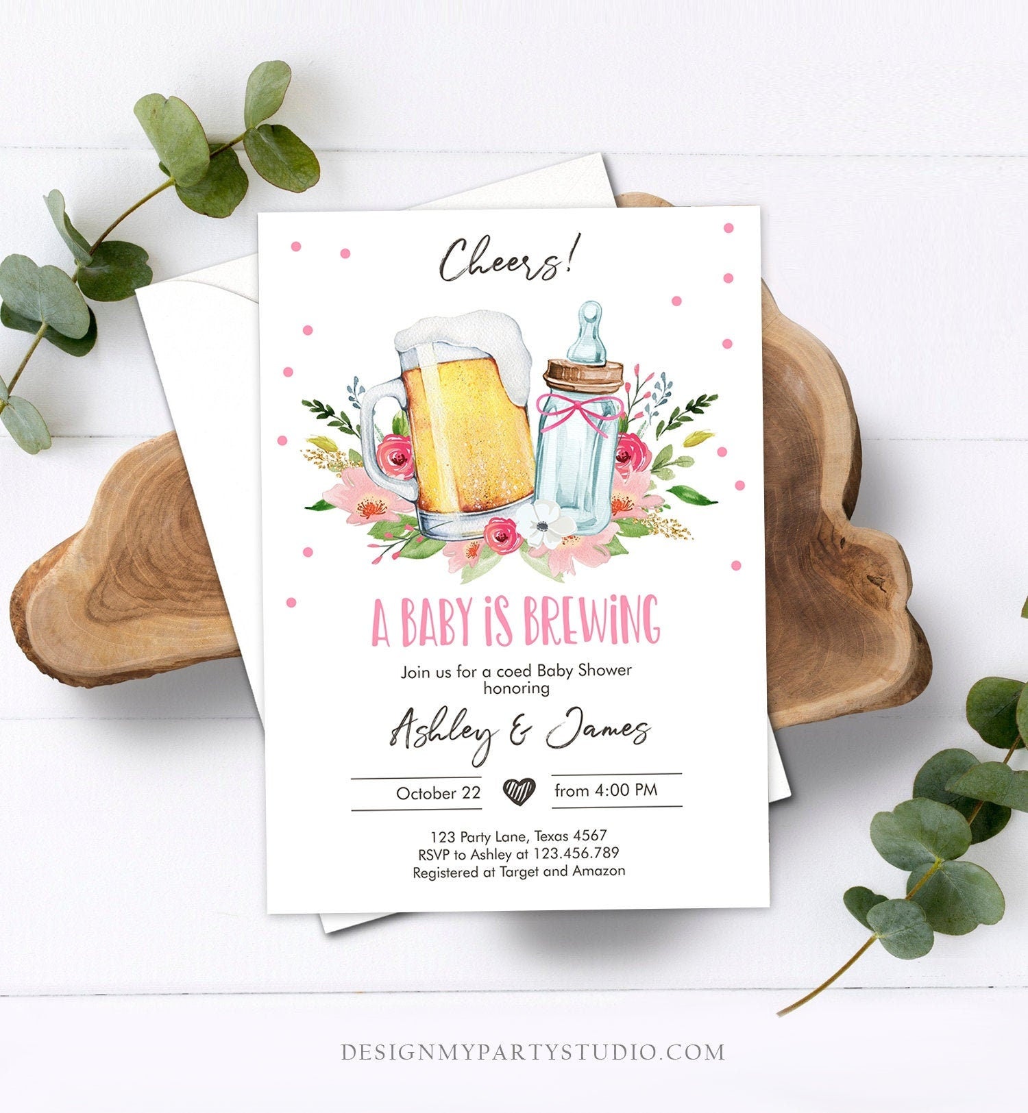 Editable A Baby is Brewing Invitation Bottle and Beers Baby Shower Girl Cheers Coed Couples Shower Download Printable Template Corjl 0190