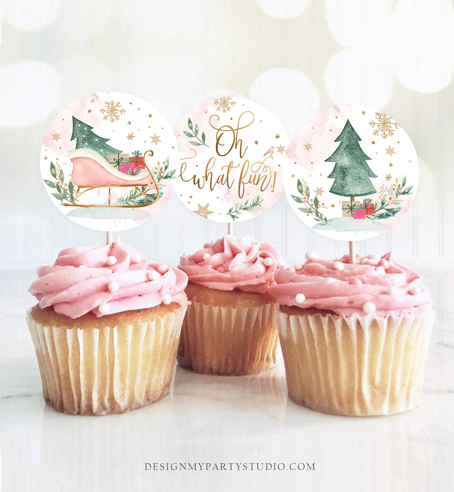 Sleigh Cupcake Toppers Winter Onederland Birthday Party Decorations Oh What Fun Girl Pink Stickers Tags Download Digital PRINTABLE 0353