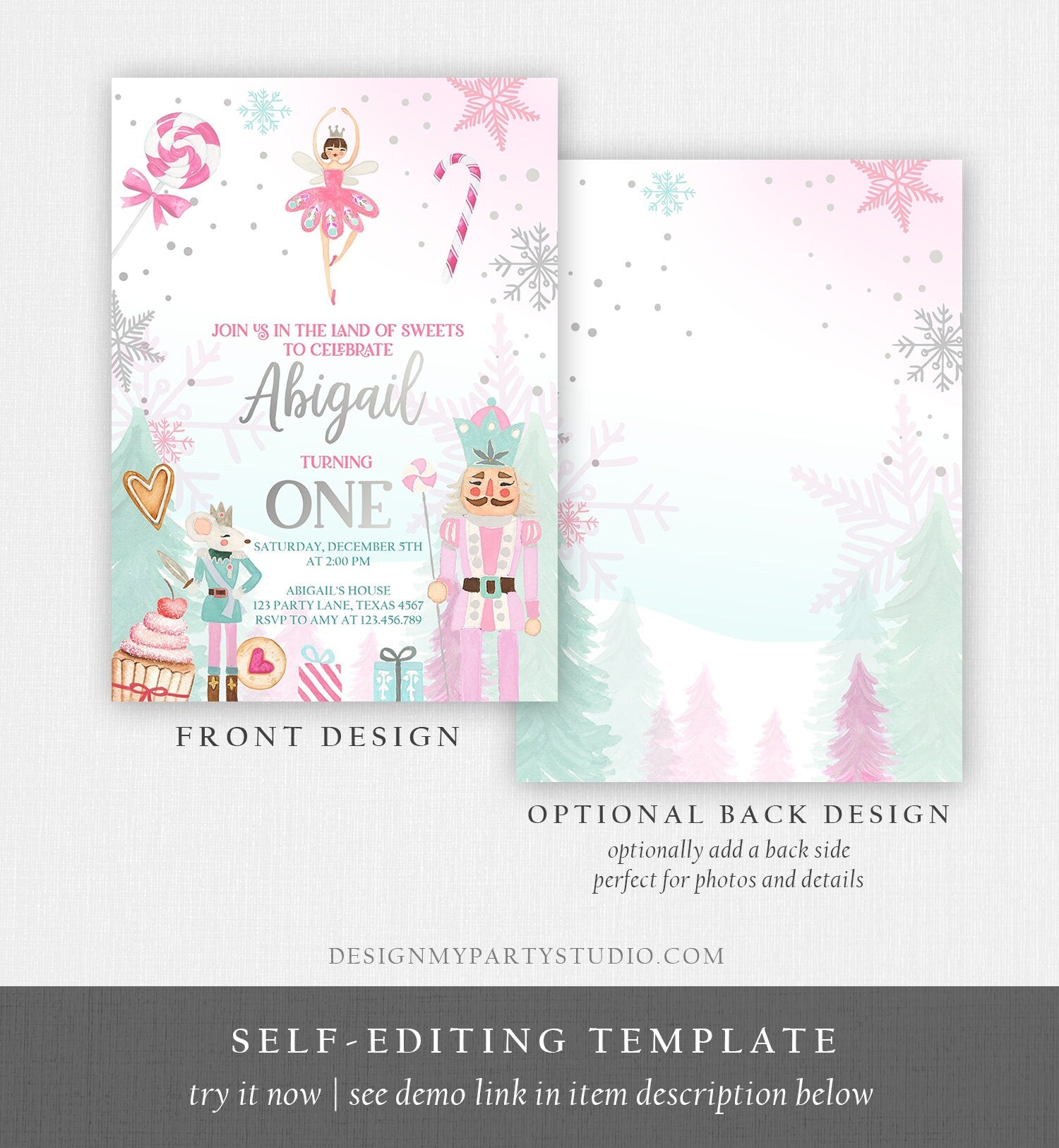 Editable Nutcracker Birthday Invitation Girl Land of Sweets Invite Winter Pink Girl Sugar Plum Fairy Download Printable Template Corjl 0352