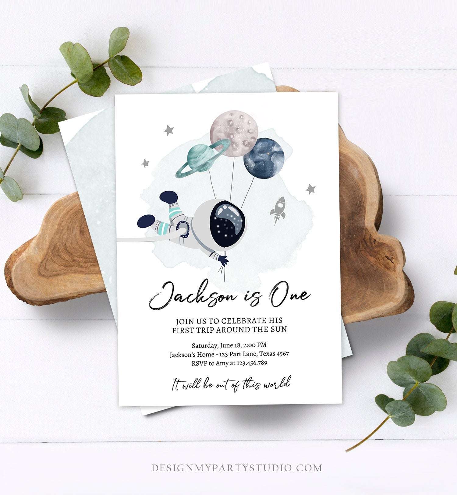 Editable Outer Space Birthday Invitation Out of this World Astronaut Trip Around the Sun Download Printable Template Digital Corjl 0366