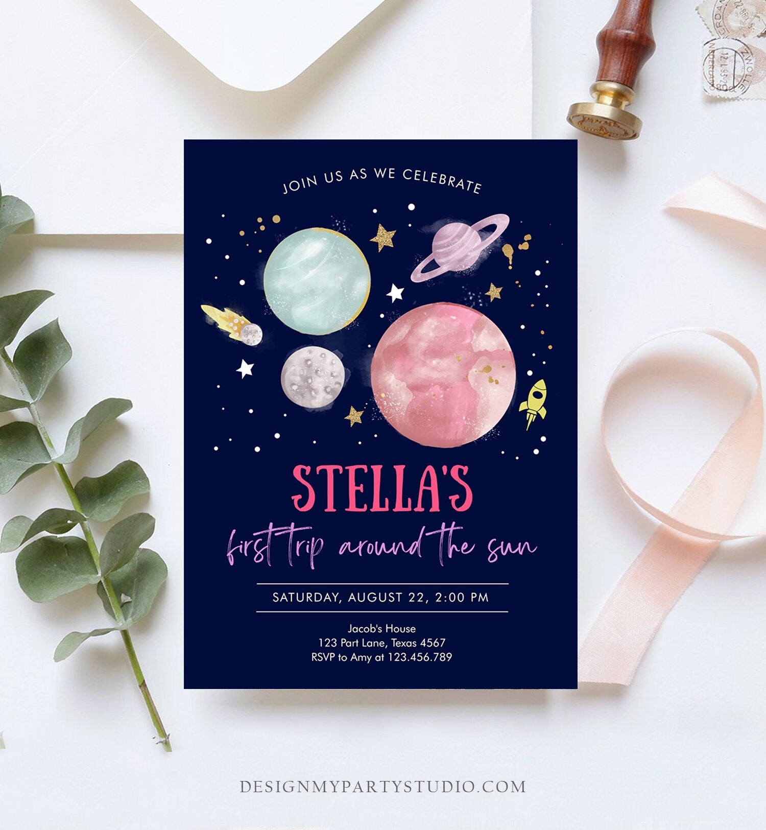 Editable Outer Space Girl First Birthday Invitation Galaxy Blast Off First Trip Around the Sun Pink Download Printable Template Corjl 0357