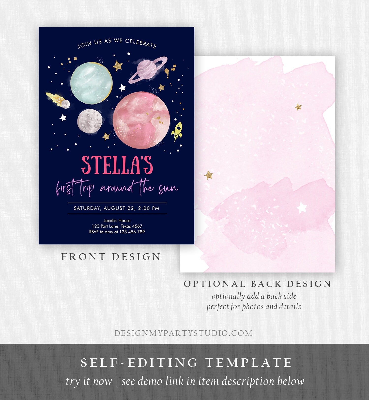 Editable Outer Space Girl First Birthday Invitation Galaxy Blast Off First Trip Around the Sun Pink Download Printable Template Corjl 0357