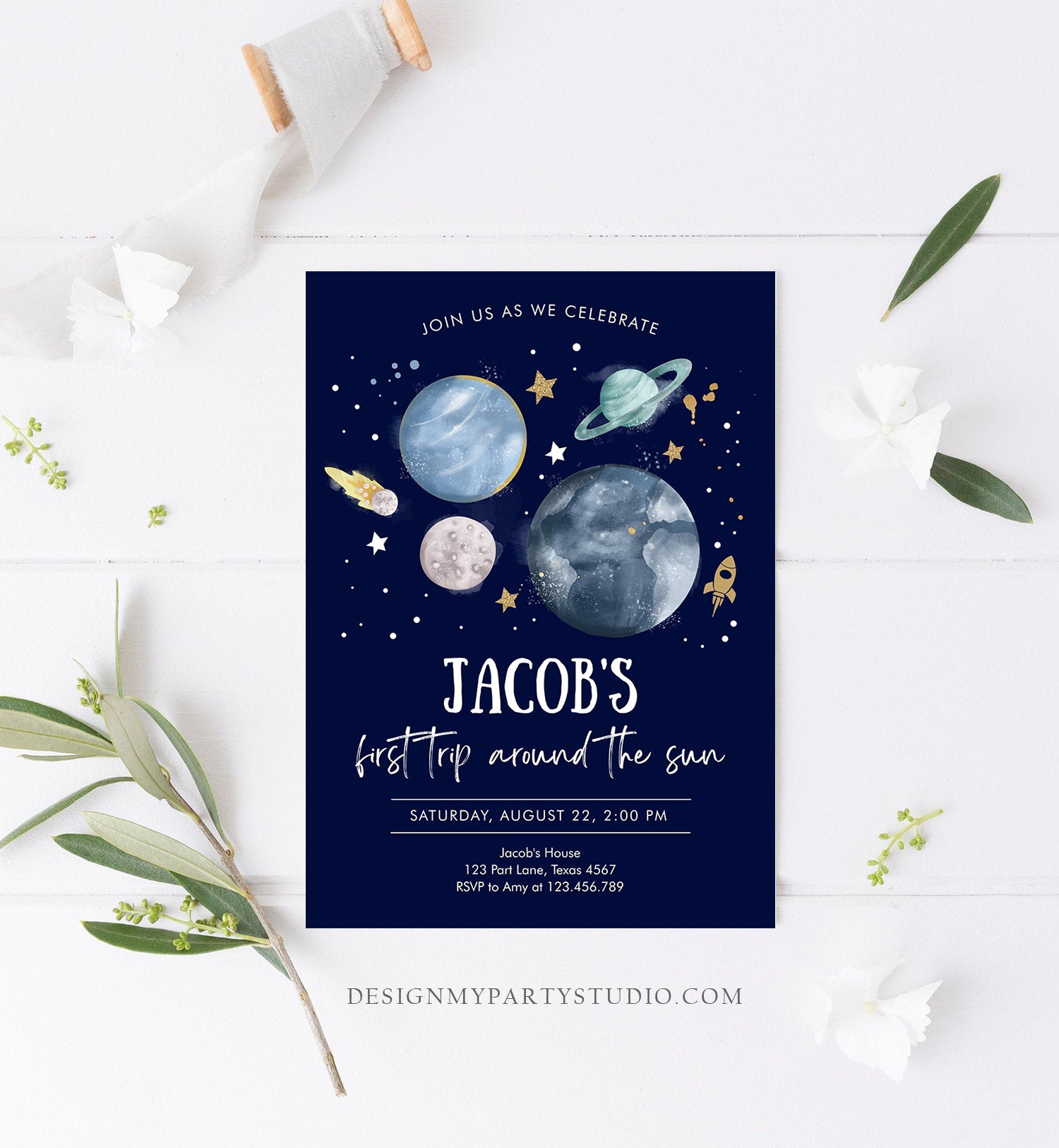 Editable Outer Space First Birthday Invitation Galaxy Blast Off First Trip Around the Sun Download Printable Template Digital Corjl 0357