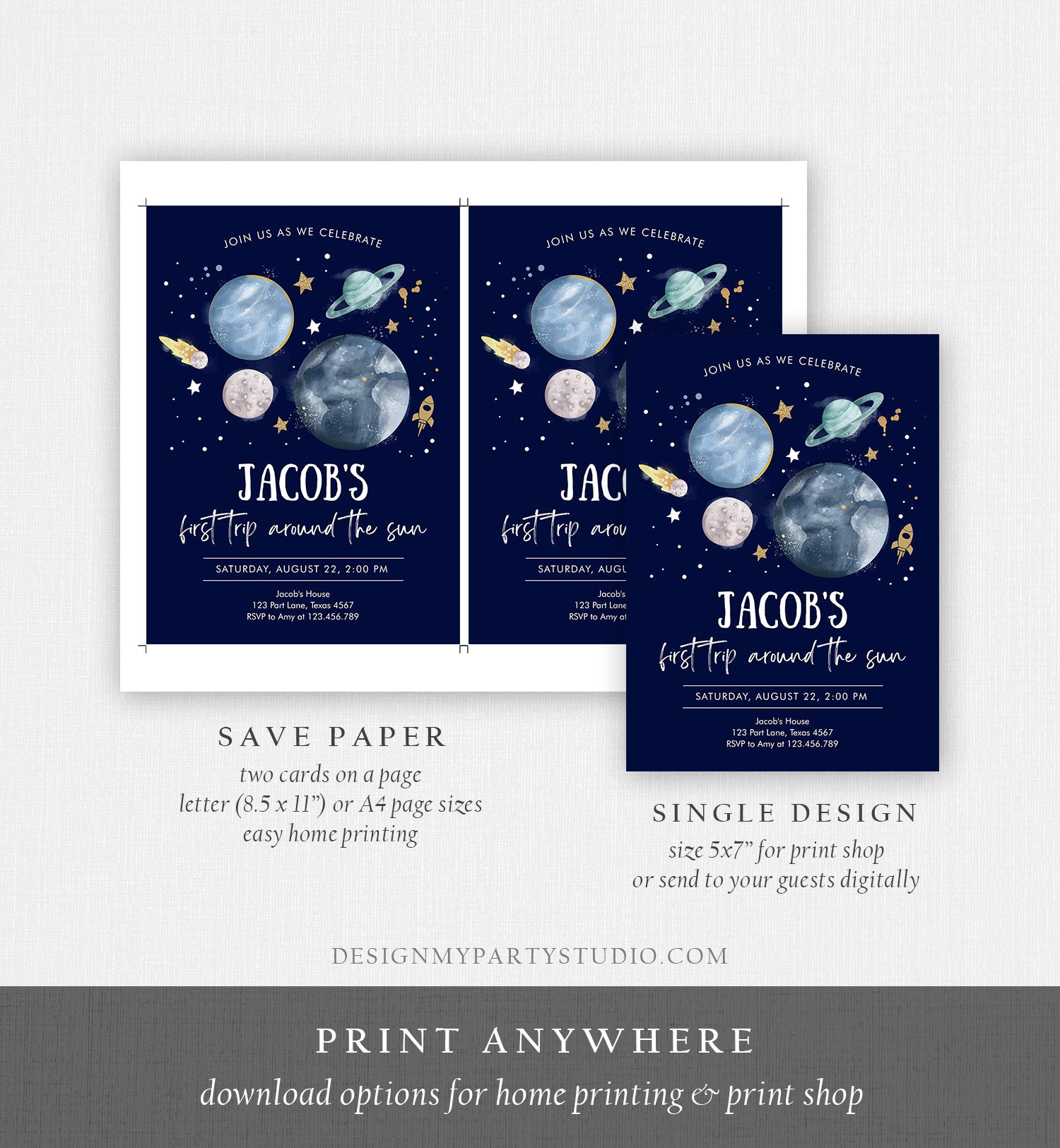 Editable Outer Space First Birthday Invitation Galaxy Blast Off First Trip Around the Sun Download Printable Template Digital Corjl 0357