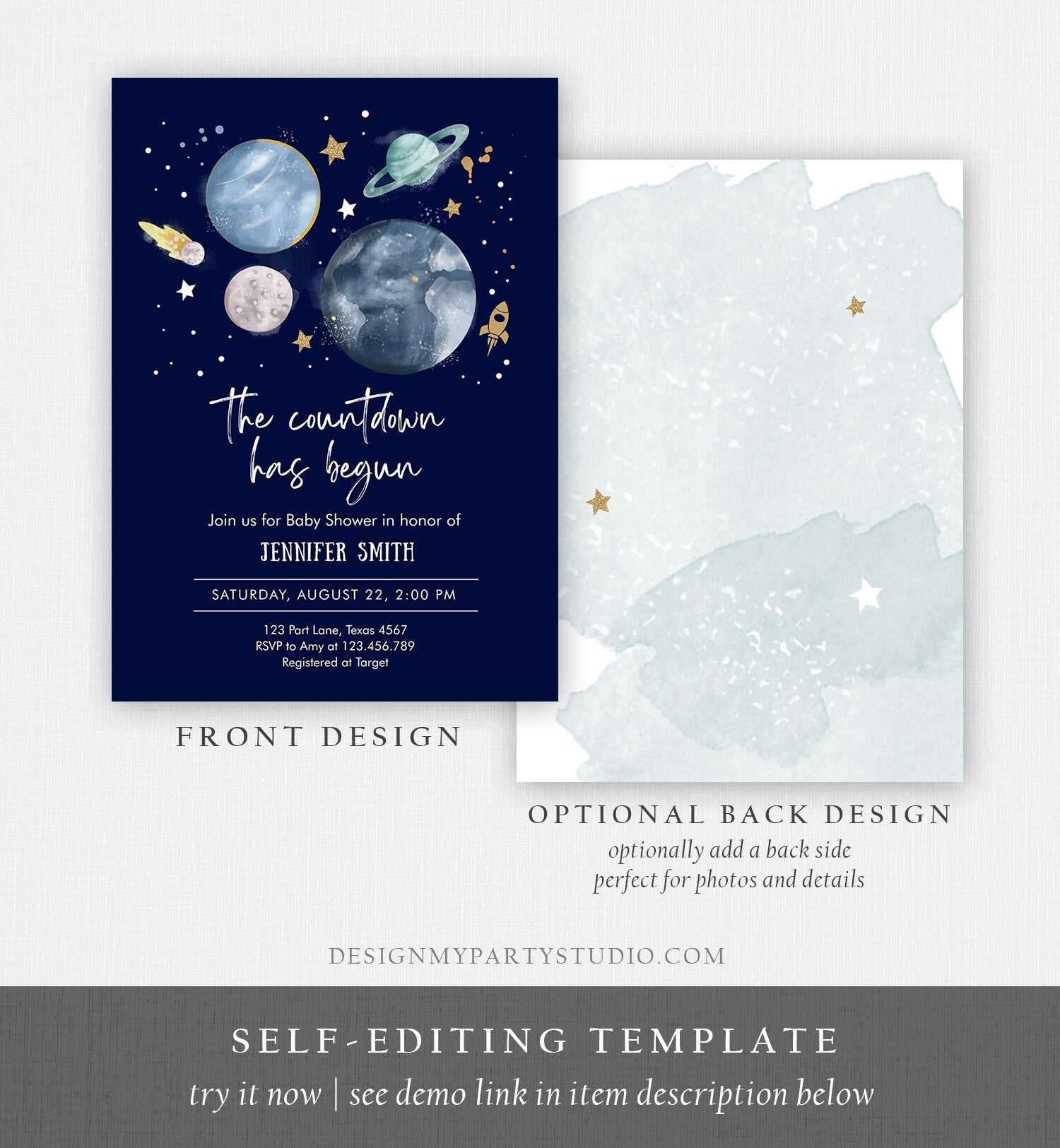 Editable Space Baby Shower Invitation Galaxy Outer Space It's a Boy Blue Planets Moon Countdown Invite Template Instant Download Corjl 0357