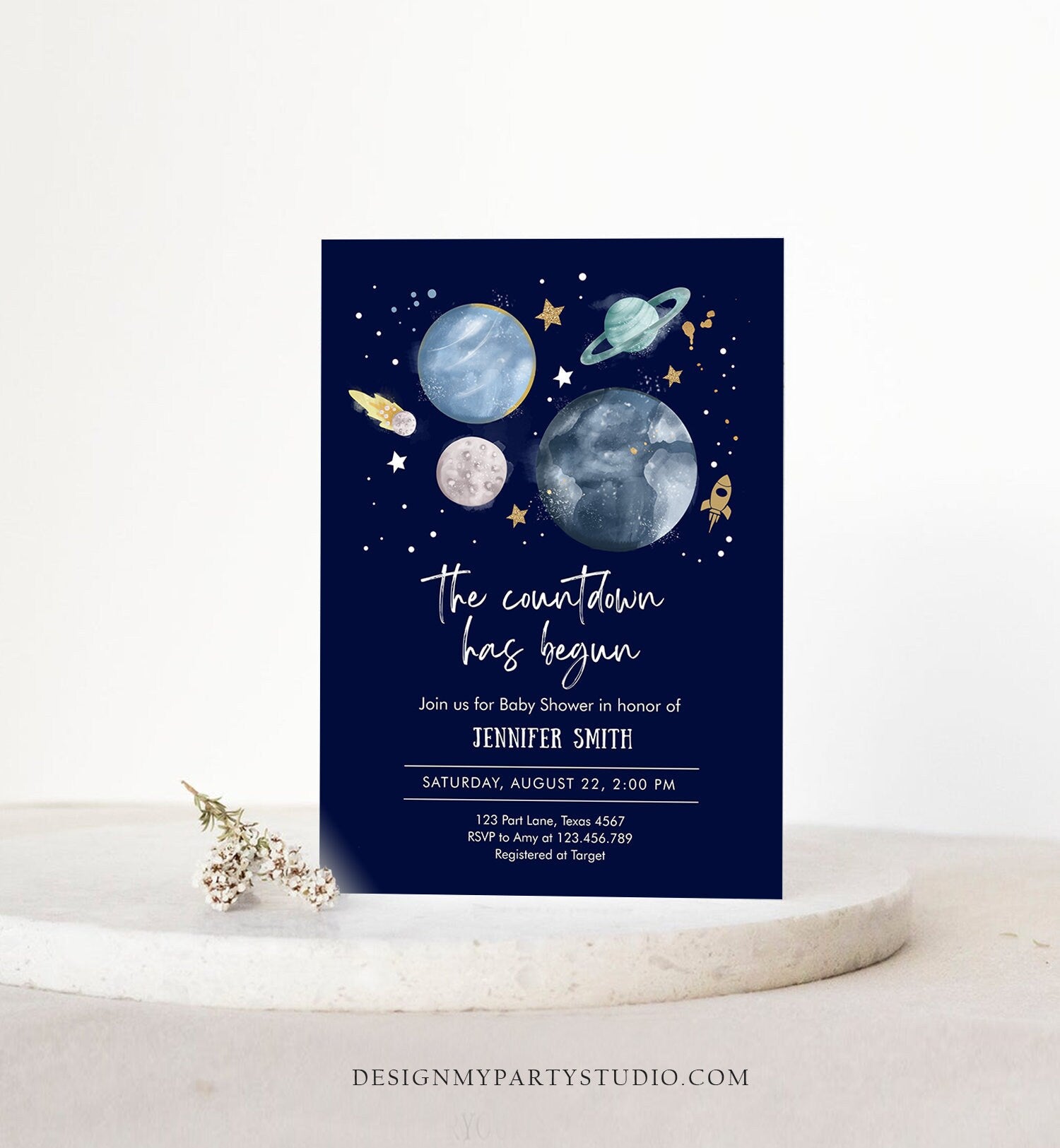 Editable Space Baby Shower Invitation Galaxy Outer Space It's a Boy Blue Planets Moon Countdown Invite Template Instant Download Corjl 0357