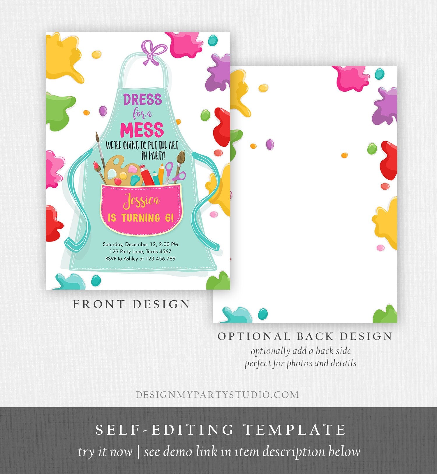 Editable Painting Party Invitation Art Party Birthday Invite Girl Pink Paint Craft Party Download Printable Template Digital Corjl 0319