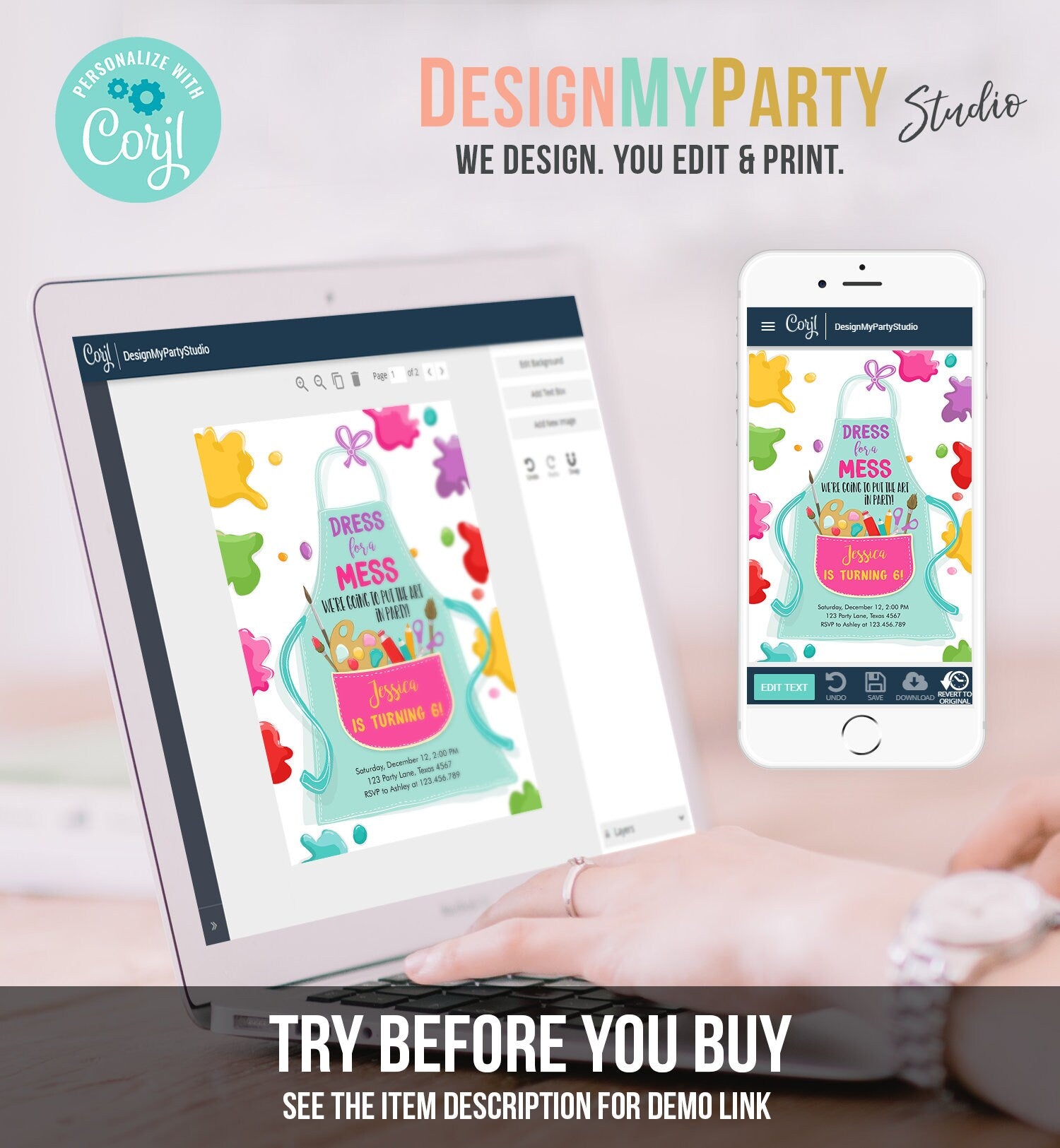 Editable Painting Party Invitation Art Party Birthday Invite Girl Pink Paint Craft Party Download Printable Template Digital Corjl 0319