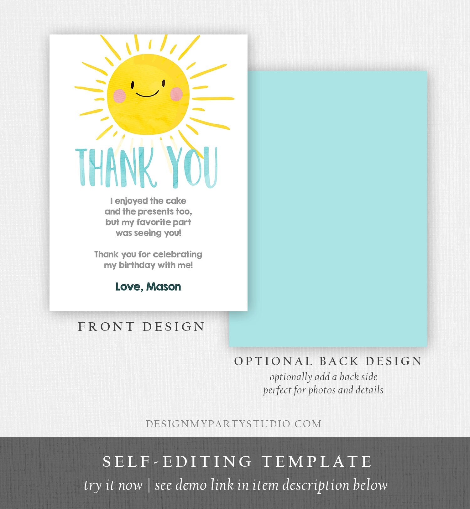 Editable Little Sunshine Thank You Card Birthday Party Blue Boy Bow Baby Shower First Birthday 1st Digital Corjl Template Printable 0141