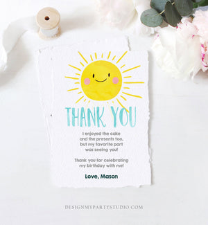 Editable Little Sunshine Thank You Card Birthday Party Blue Boy Bow Baby Shower First Birthday 1st Digital Corjl Template Printable 0141