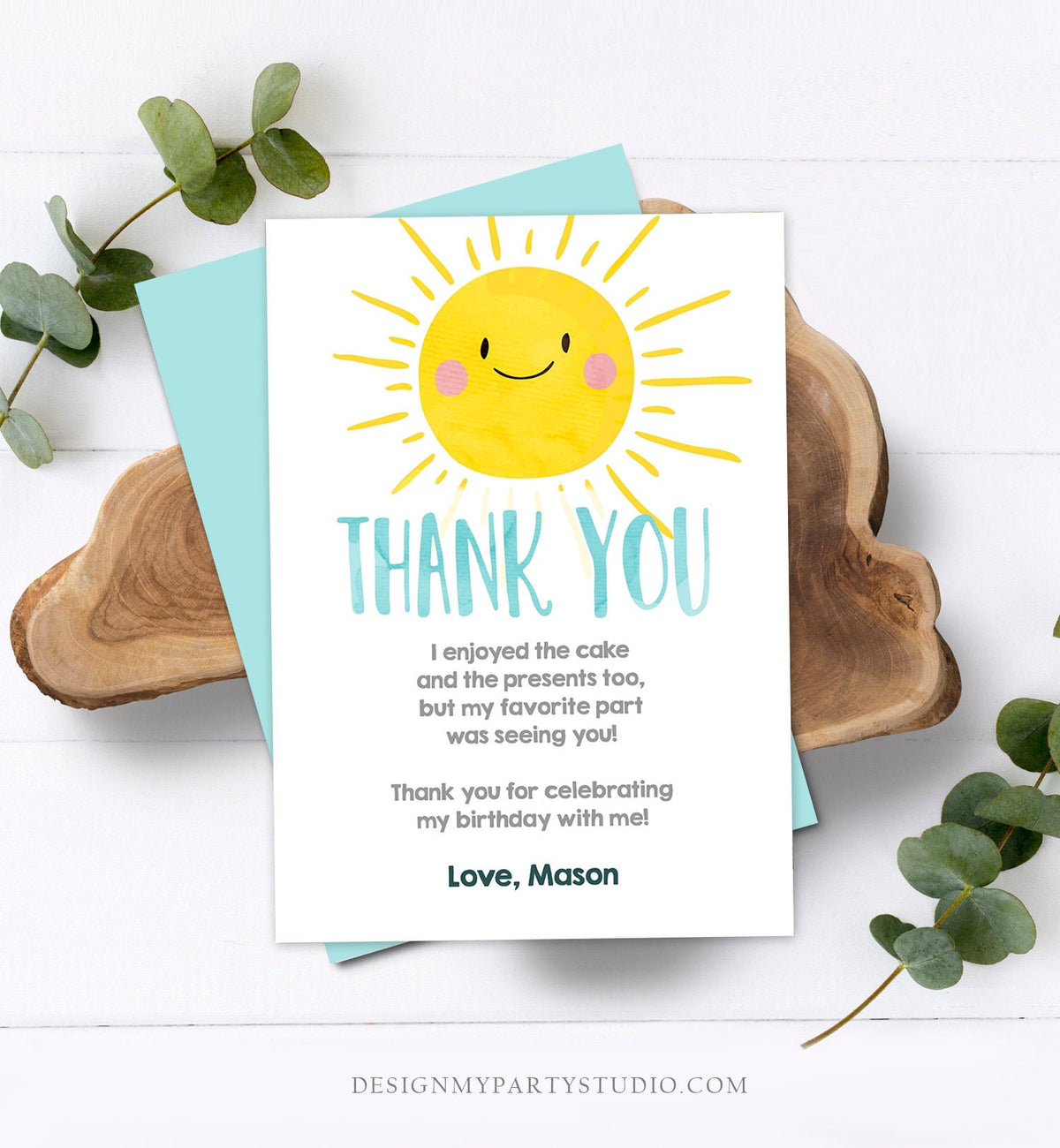 Editable Little Sunshine Thank You Card Birthday Party Blue Boy Bow Baby Shower First Birthday 1st Digital Corjl Template Printable 0141