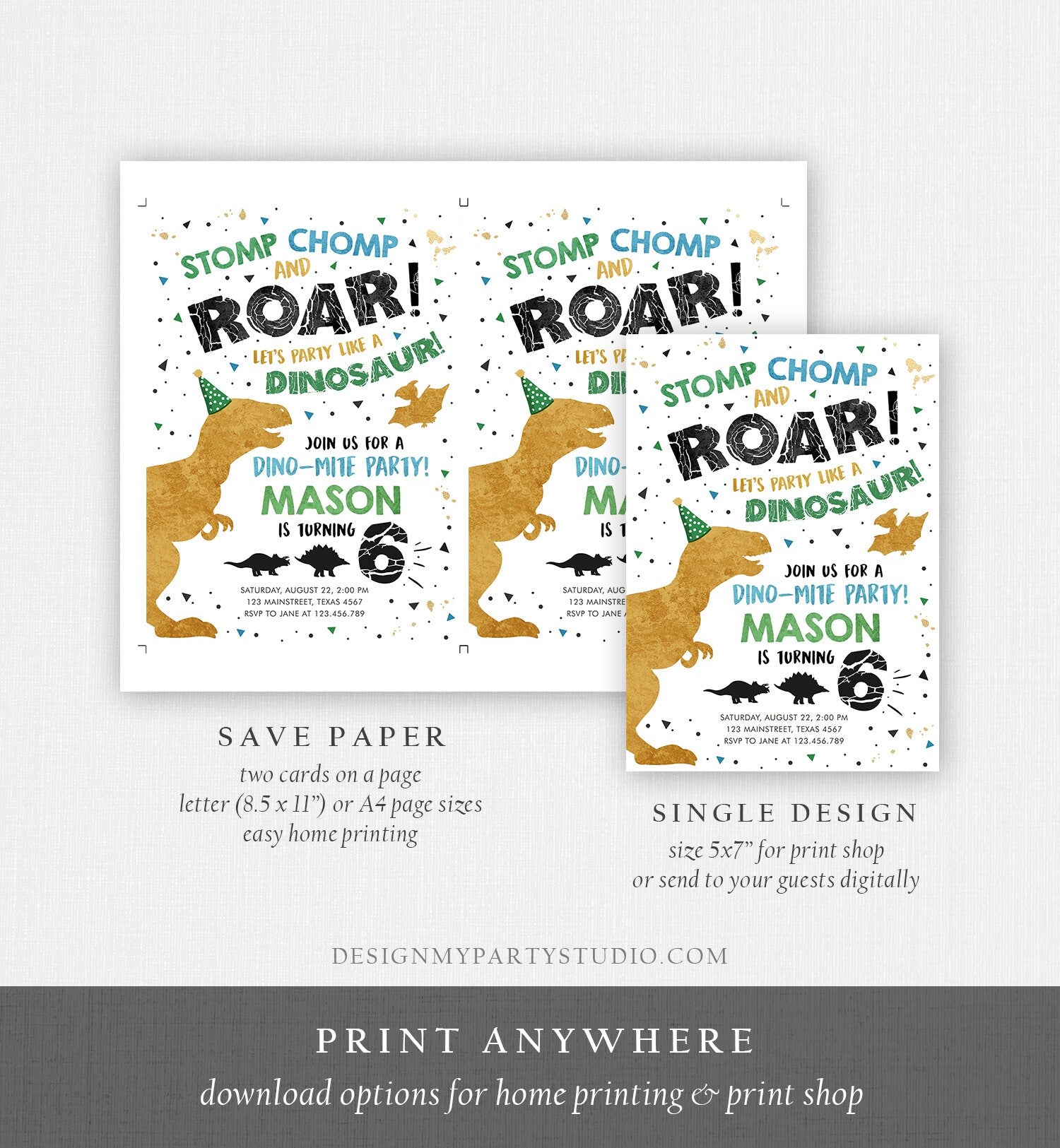 Editable Dinosaur Birthday Invitation ANY AGE Dino Dig Party Prehistoric Gold Green Blue Boy T-Rex Download Printable Template Corjl 0369