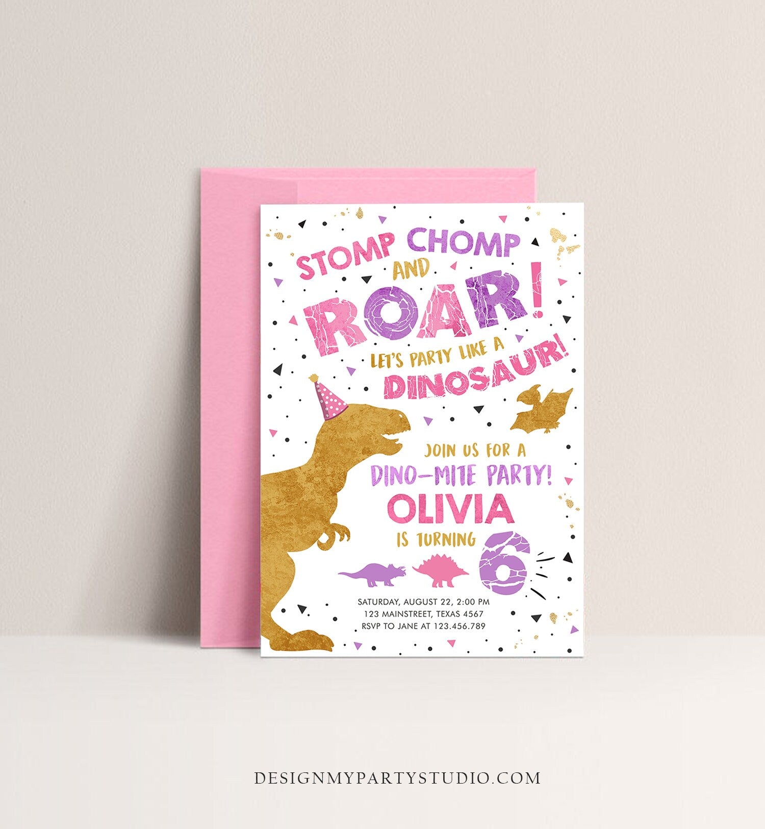 Editable Dinosaur Birthday Invitation ANY AGE Dino Dig Party Prehistoric Gold Pink Purple Girl T-Rex Download Printable Template Corjl 0369