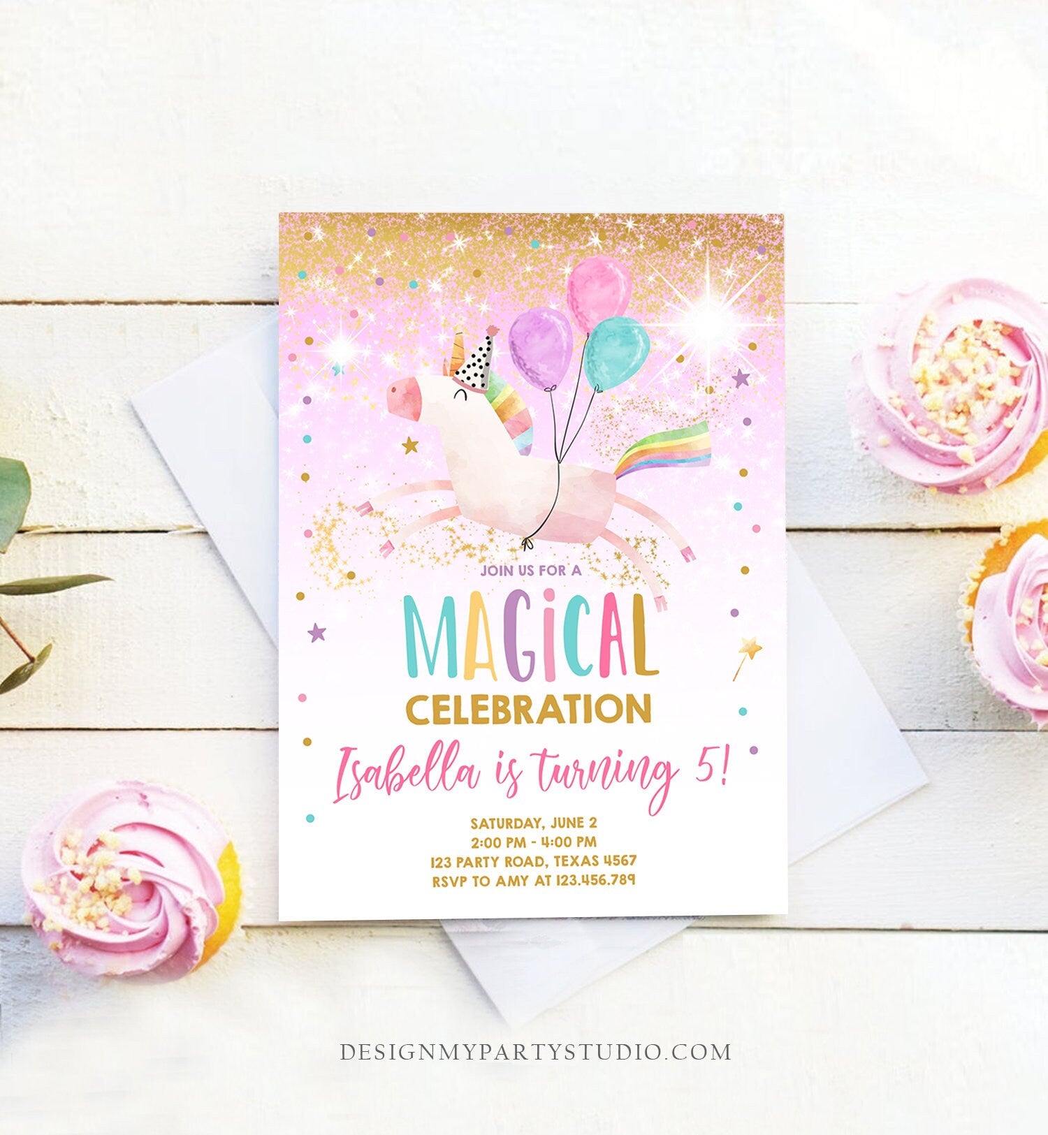 Editable Unicorn Birthday Invitation Magical Party Invite Girl Pink Gold Birthday Digital Invite Template Rainbow Download Corjl 0336