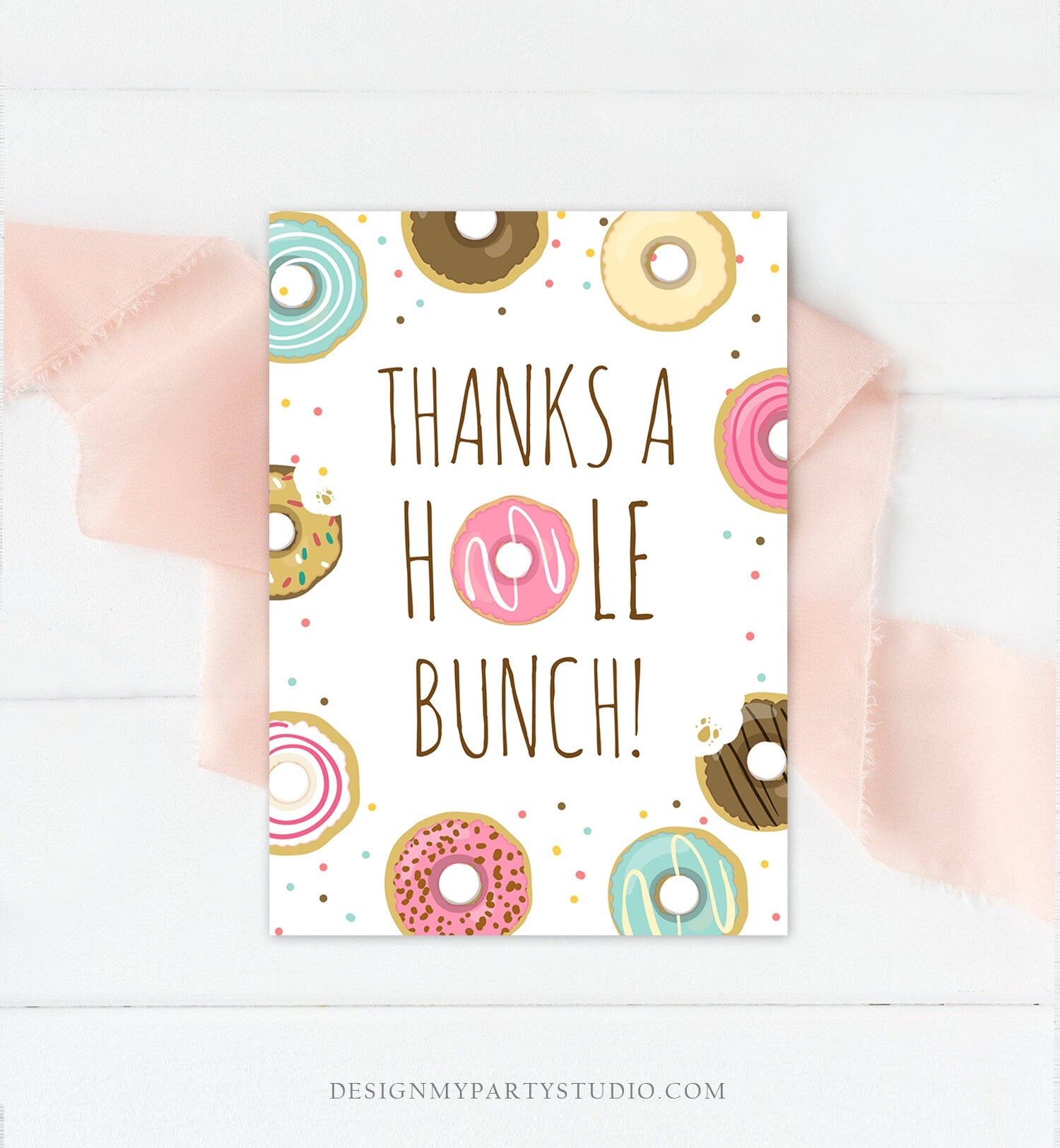 Editable Donut Thank You Card Note Pink Girl Birthday Party Doughnut Thank You Photo Sweet First Birthday 1st Corjl Template Printable 0050