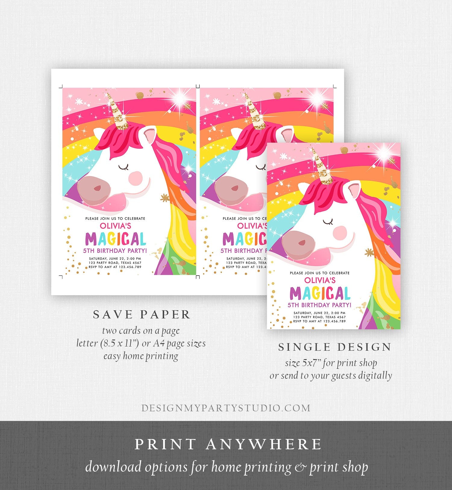 Editable Unicorn Birthday Invitation Magical Unicorn Party Girl Pink Gold Unicorn Invite Rainbow Printable Corjl Template Digital 0323