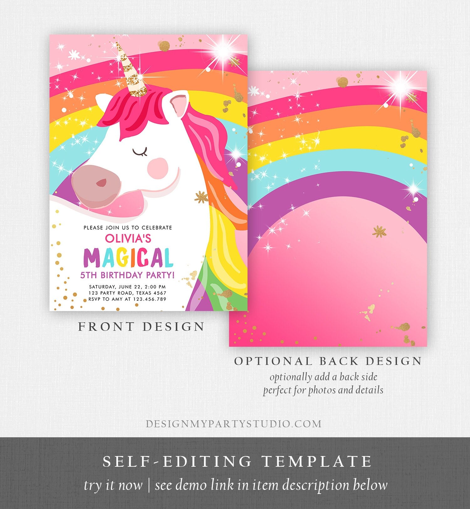 Editable Unicorn Birthday Invitation Magical Unicorn Party Girl Pink Gold Unicorn Invite Rainbow Printable Corjl Template Digital 0323