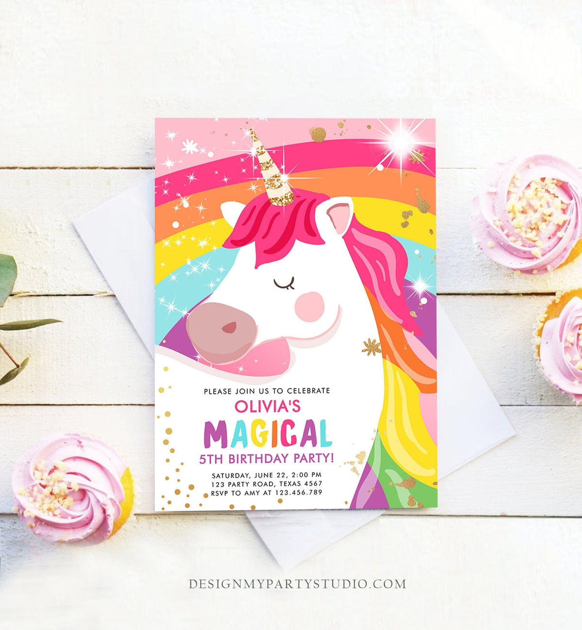 Editable Unicorn Birthday Invitation Magical Unicorn Party Girl Pink Gold Unicorn Invite Rainbow Printable Corjl Template Digital 0323