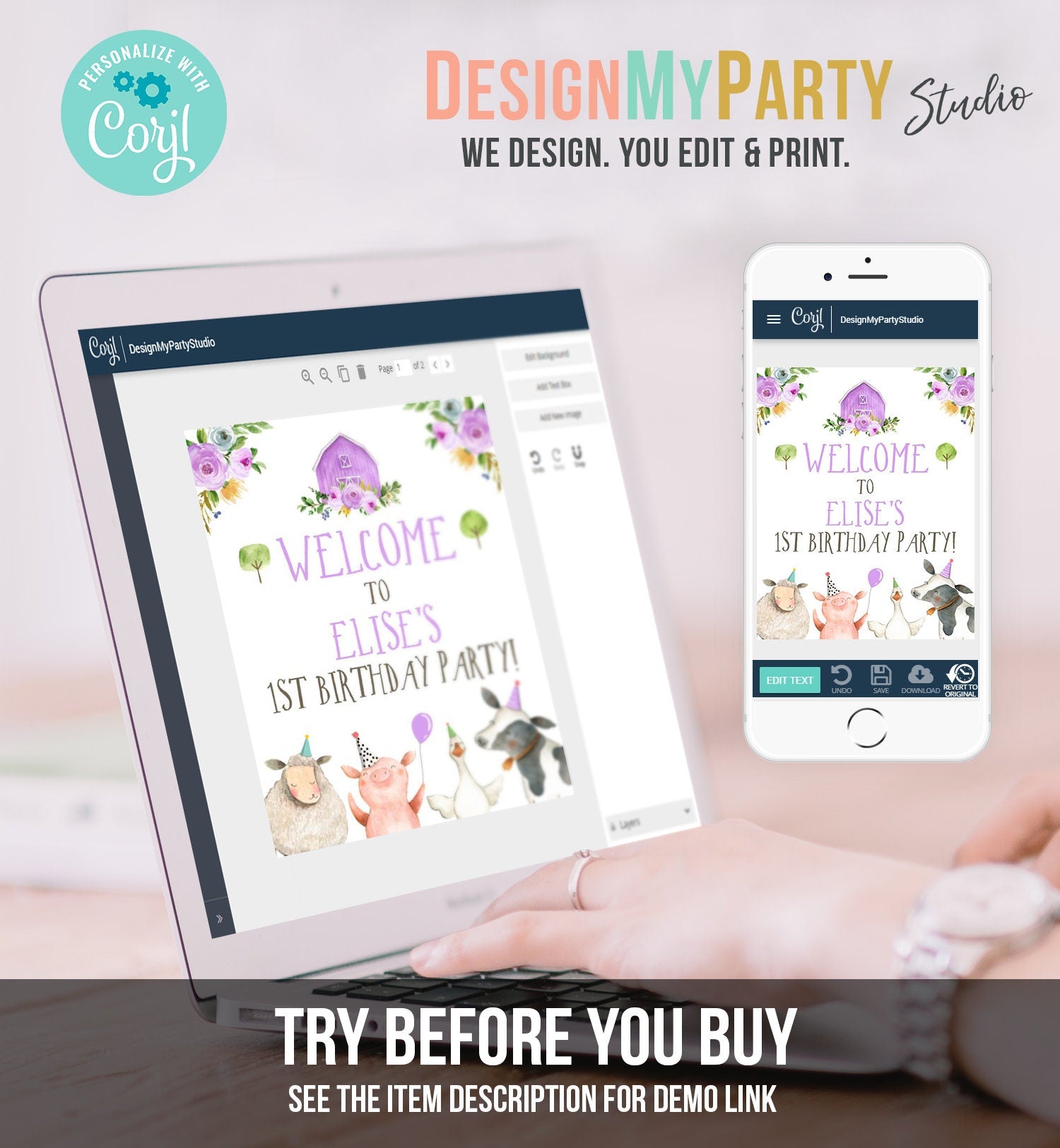 Editable Purple Farm Birthday Welcome Sign Barnyard Birthday Welcome Sign Farm Animals Birthday Welcome Girl Template Corjl PRINTABLE 0155