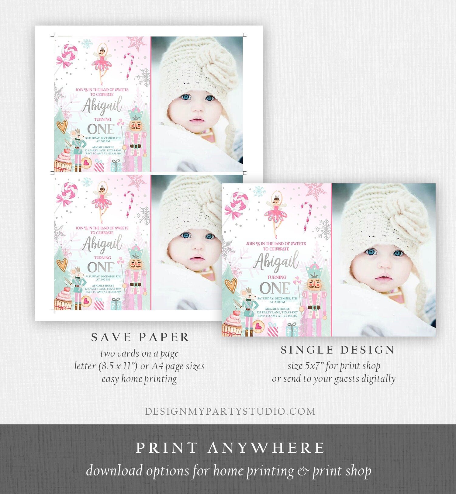 Editable Nutcracker Birthday Invitation Girl Land of Sweets Invite Winter Pink Girl Sugar Plum Fairy Download Printable Template Corjl 0352