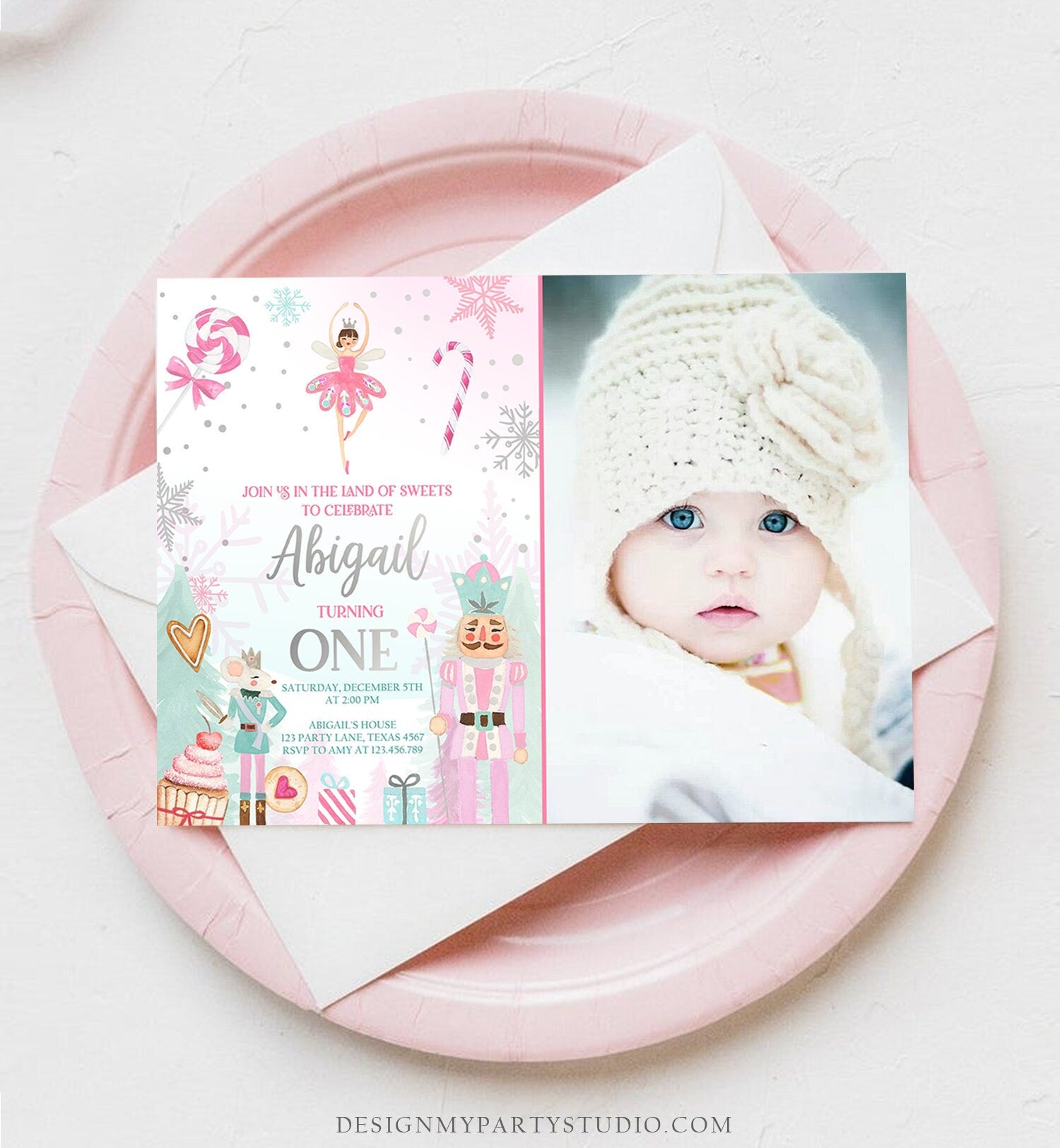 Editable Nutcracker Birthday Invitation Girl Land of Sweets Invite Winter Pink Girl Sugar Plum Fairy Download Printable Template Corjl 0352