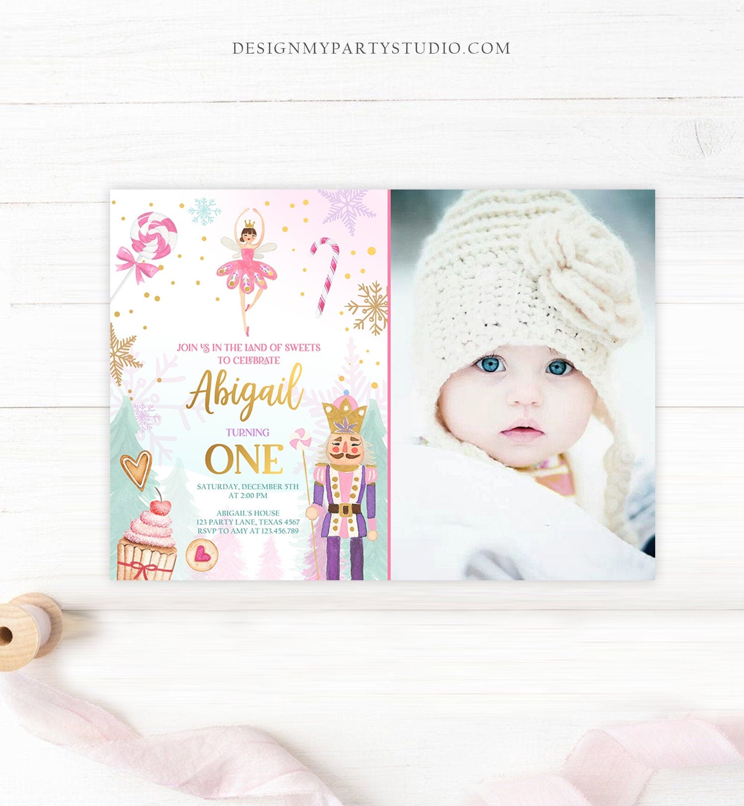 Editable Nutcracker Birthday Invitation Girl Land of Sweets Invite Winter Pink Girl Sugar Plum Fairy Download Printable Template Corjl 0352