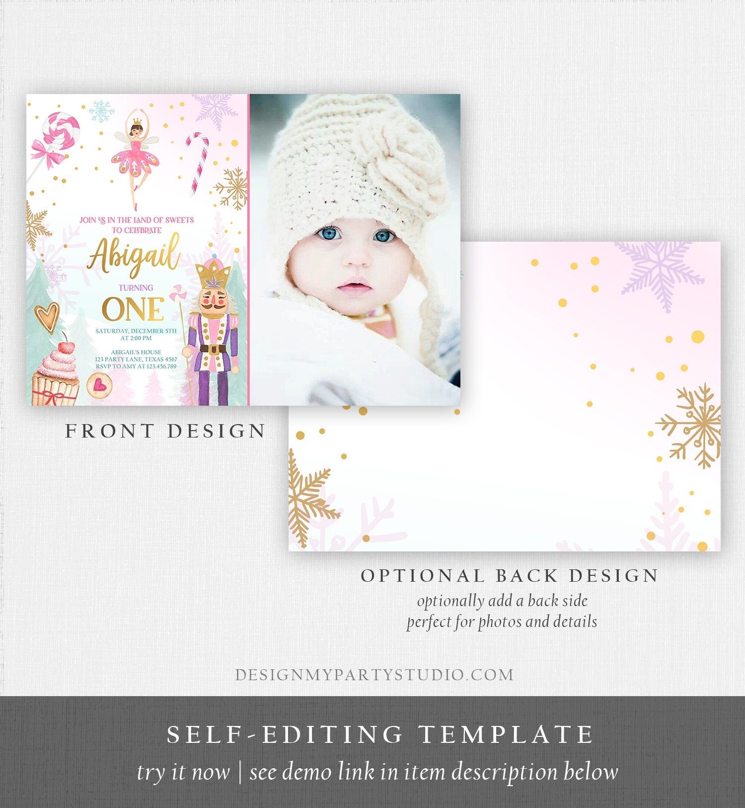 Editable Nutcracker Birthday Invitation Girl Land of Sweets Invite Winter Pink Girl Sugar Plum Fairy Download Printable Template Corjl 0352