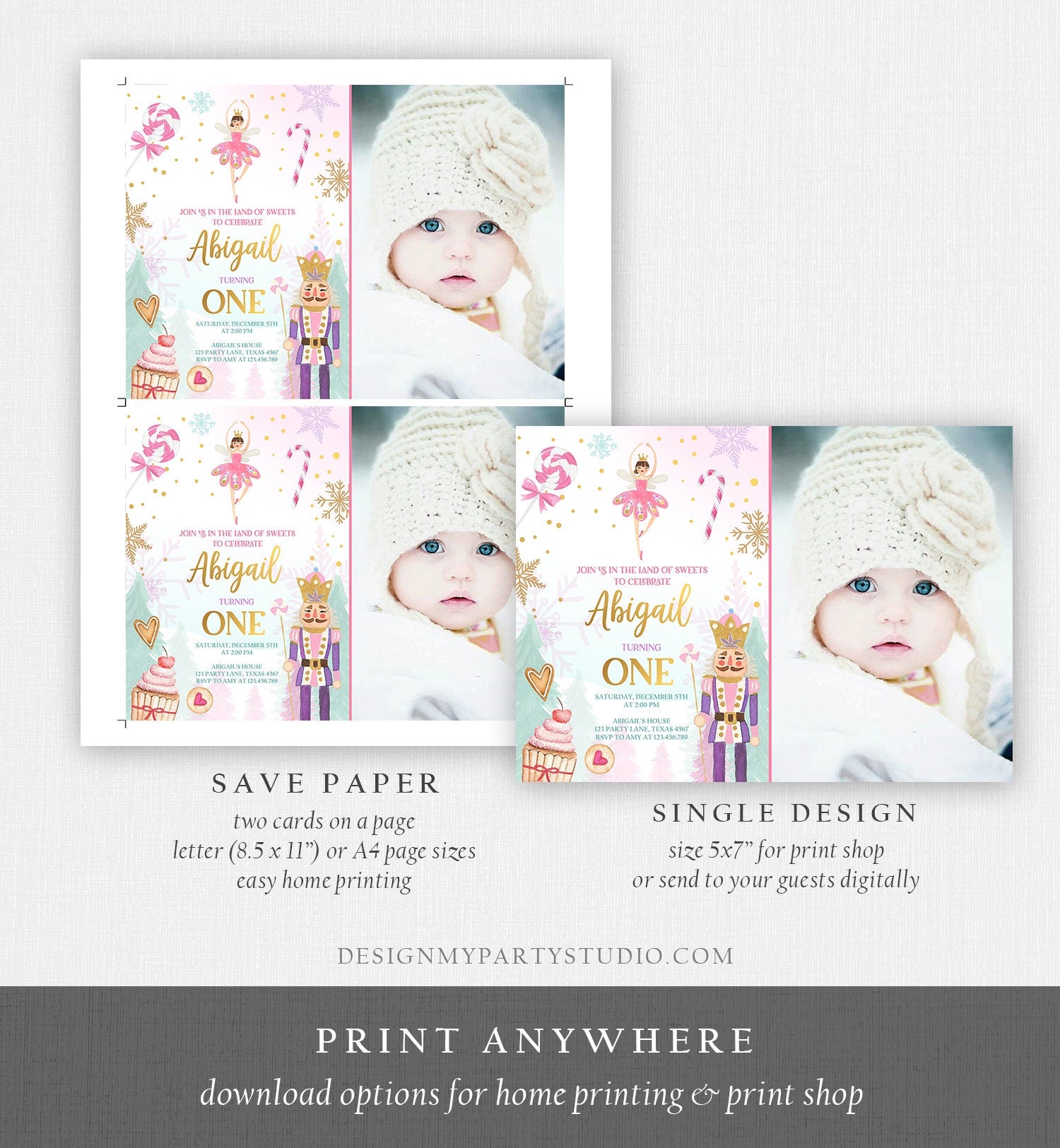 Editable Nutcracker Birthday Invitation Girl Land of Sweets Invite Winter Pink Girl Sugar Plum Fairy Download Printable Template Corjl 0352