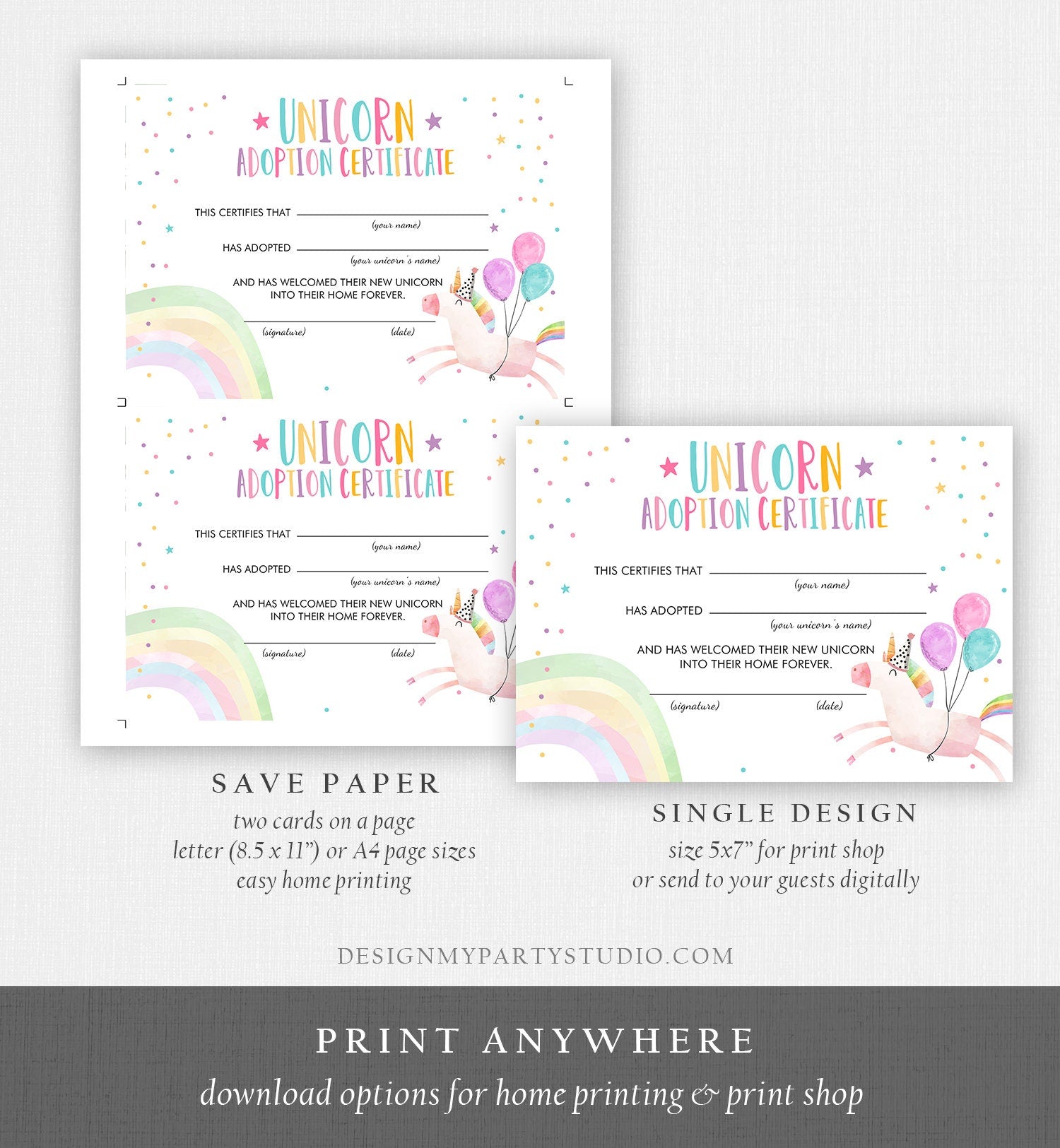 Adopt a Unicorn Certificate Unicorn Adoption Unicorn Birthday Party Magical Birthday Rainbow Girl Instant Download Digital PRINTABLE 0336