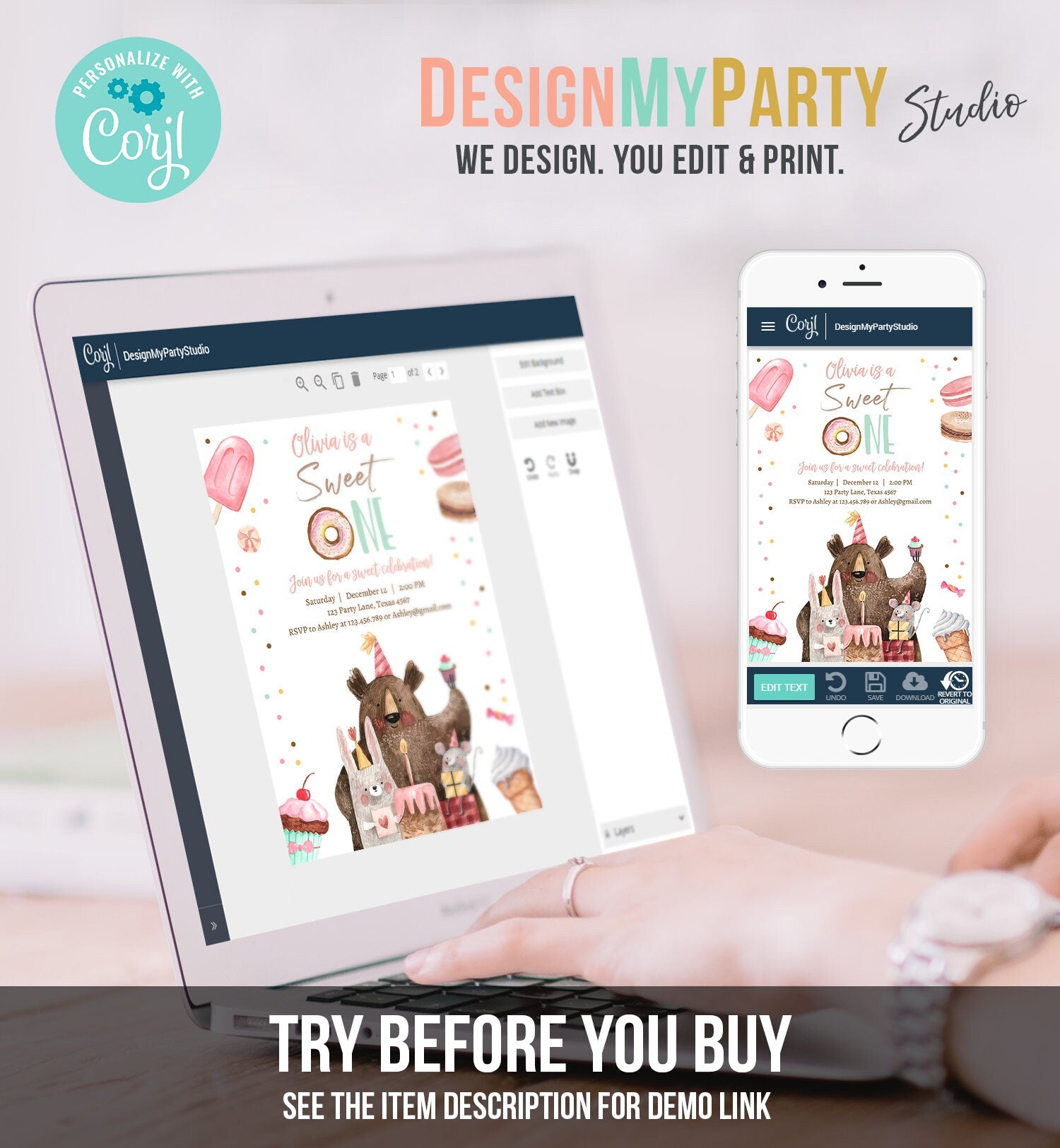 Editable Sweet One Birthday Invitation First Birthday Party 1st Girl Donut Ice Cream Animals Digital Download Evite Template Printable 0373