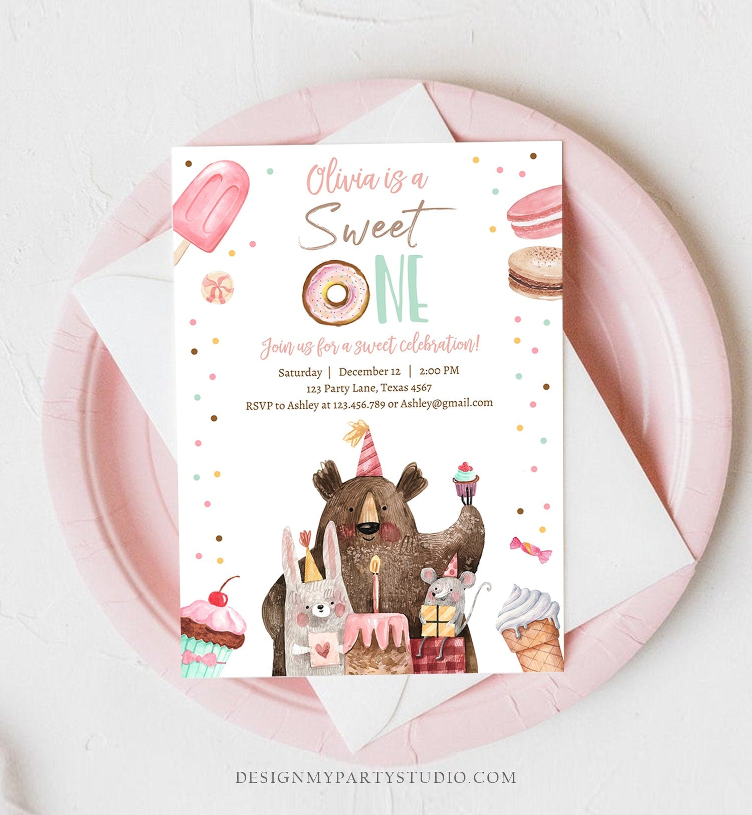 Editable Sweet One Birthday Invitation First Birthday Party 1st Girl Donut Ice Cream Animals Digital Download Evite Template Printable 0373