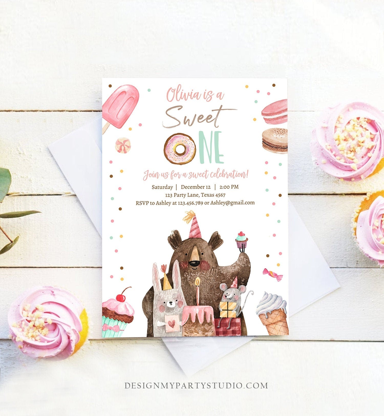 Editable Sweet One Birthday Invitation First Birthday Party 1st Girl Donut Ice Cream Animals Digital Download Evite Template Printable 0373