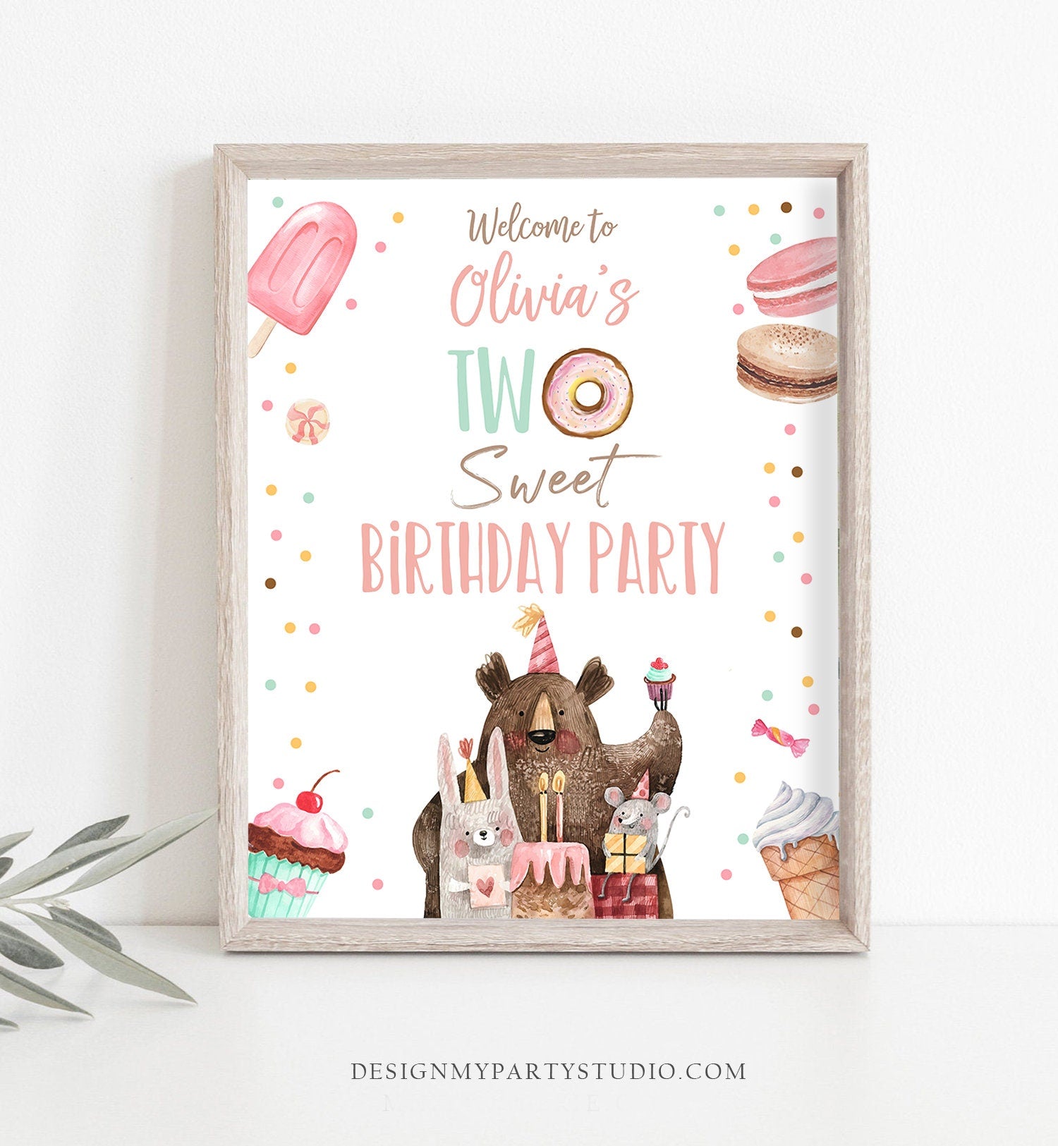 Editable Two Sweet Birthday Welcome Sign Donut Birthday Welcome Girl 2nd Birthday Candy Land Party Animals Template PRINTABLE Corjl 0373