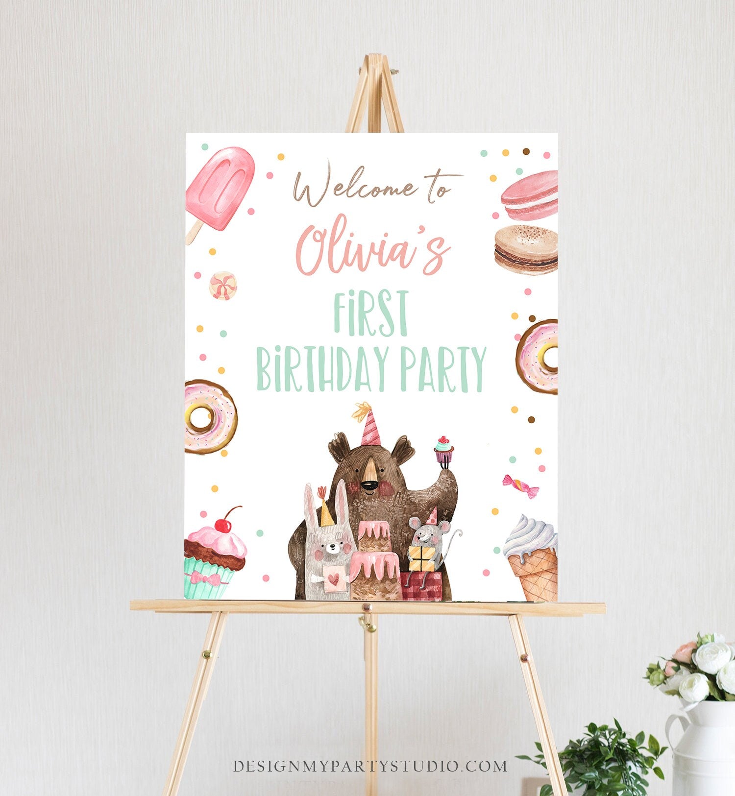 Editable Two Sweet Birthday Welcome Sign Donut Birthday Welcome Girl 2nd Birthday Ice Cream Party Animals Template PRINTABLE Corjl 0373