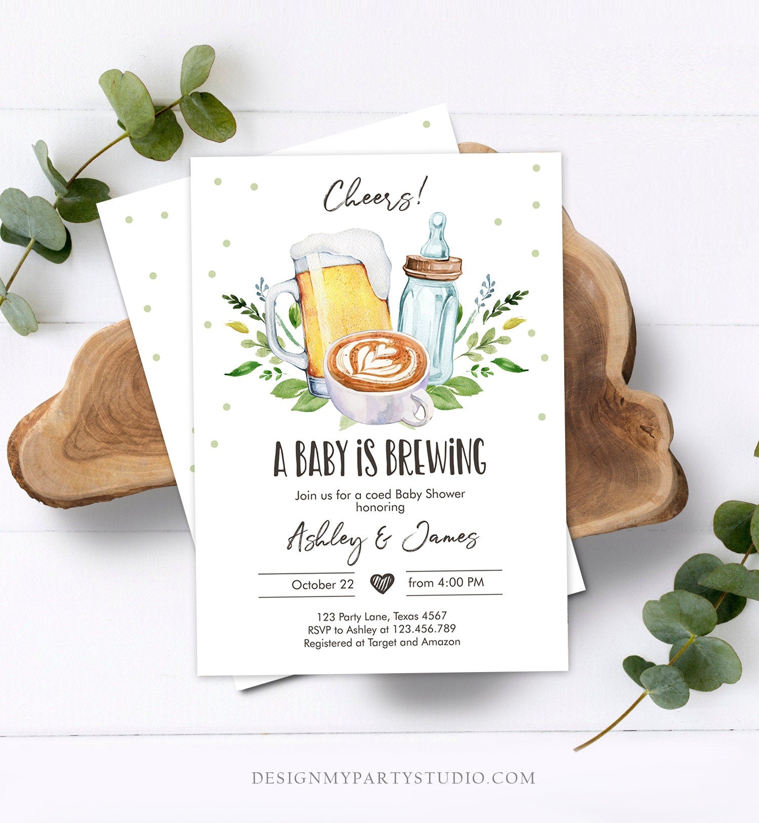 Editable A Baby is Brewing Invitation Bottle and Beers Baby Shower Cheers Coed Couples Coffee Tea Download Printable Template Corjl 0190