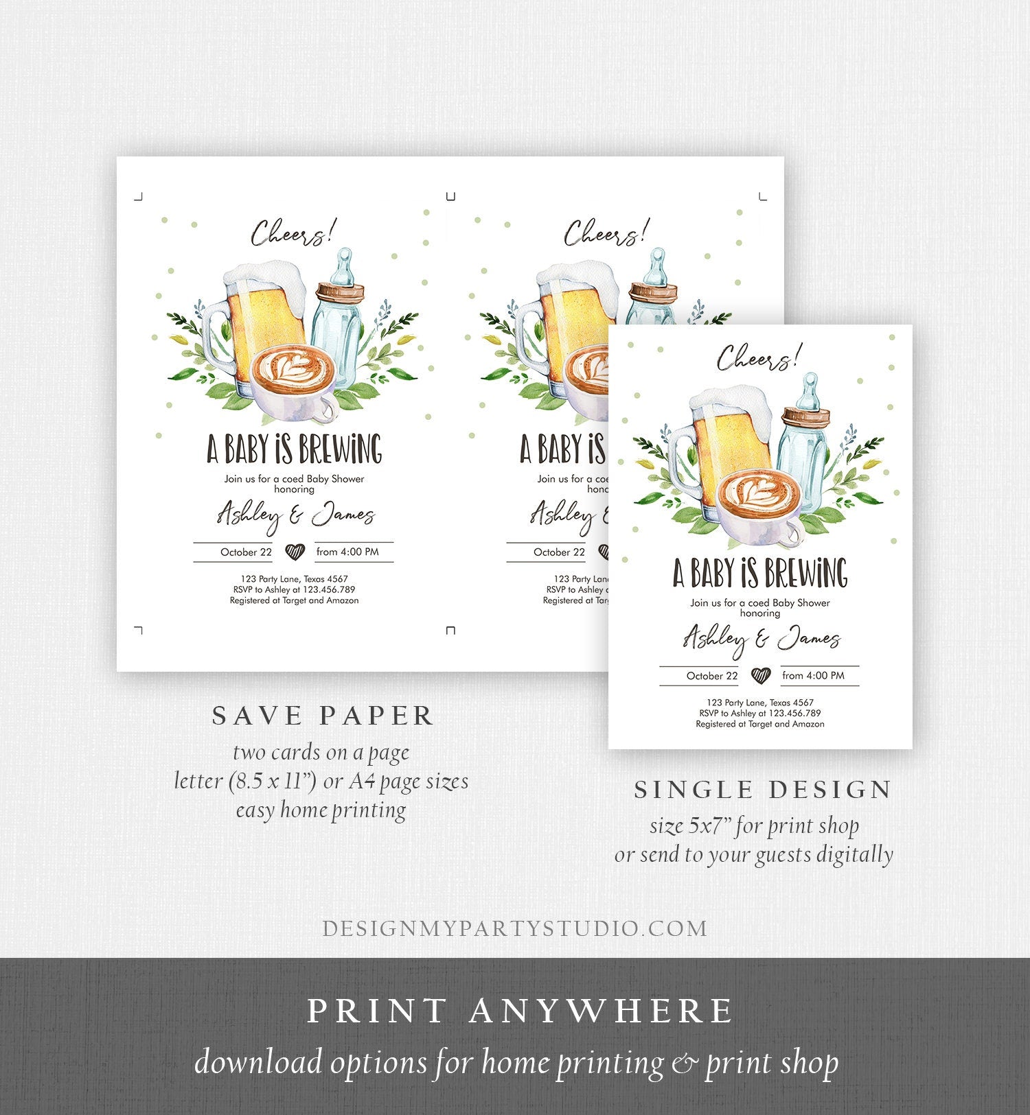 Editable A Baby is Brewing Invitation Bottle and Beers Baby Shower Cheers Coed Couples Coffee Tea Download Printable Template Corjl 0190