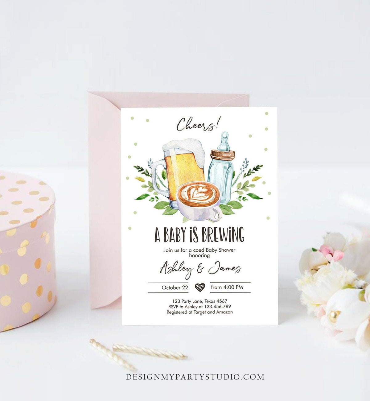 Editable A Baby is Brewing Invitation Bottle and Beers Baby Shower Cheers Coed Couples Coffee Tea Download Printable Template Corjl 0190